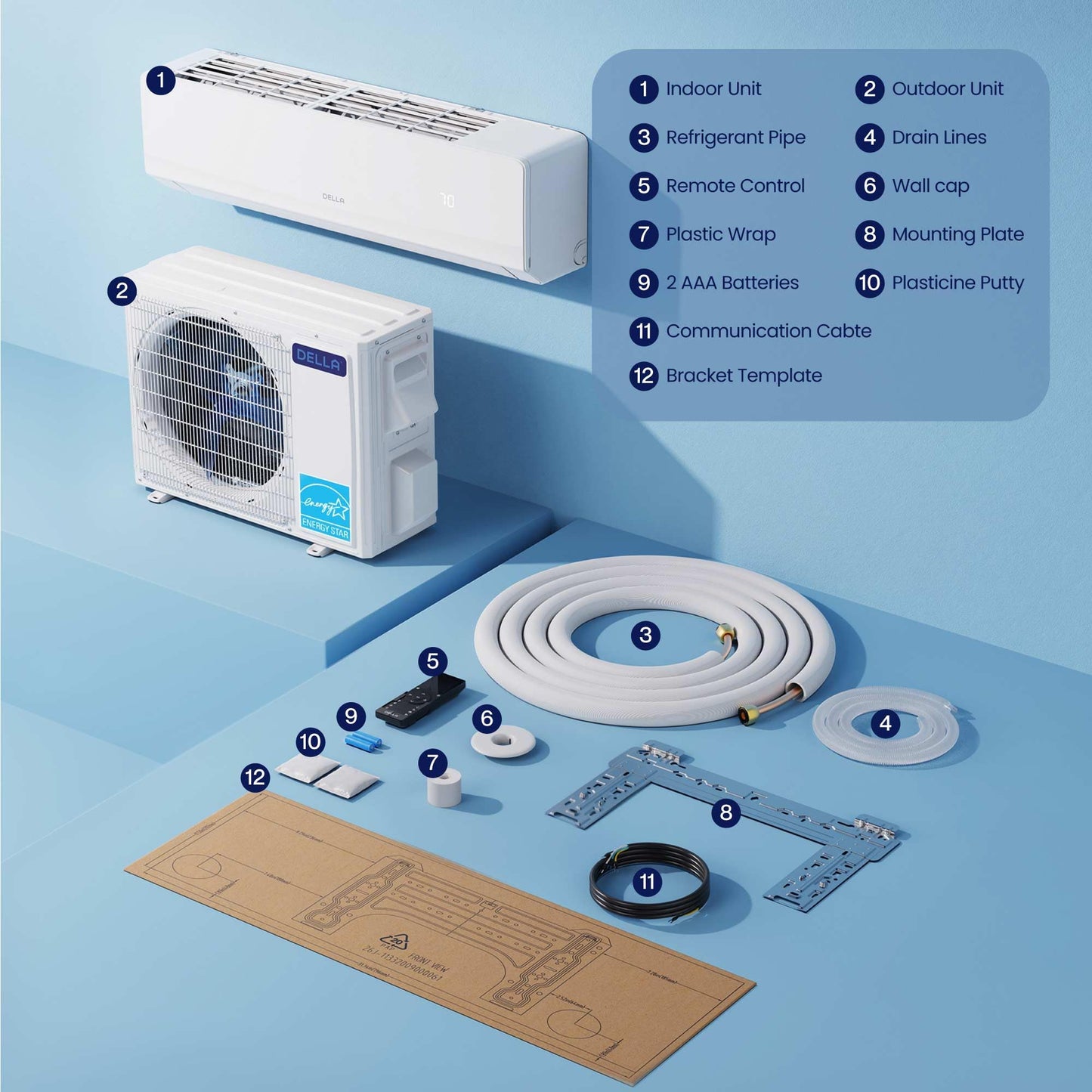 DELLA Serena Series 9000 BTU Mini Split AC, Energy Star 22 SEER2 230V, 0.75 Ton Inverter Heat Pump Ductless AC System for Rooms up to 400 Sq.Ft, WiFi & Alexa Control, Pre-Charged, 16.4ft Install Kit