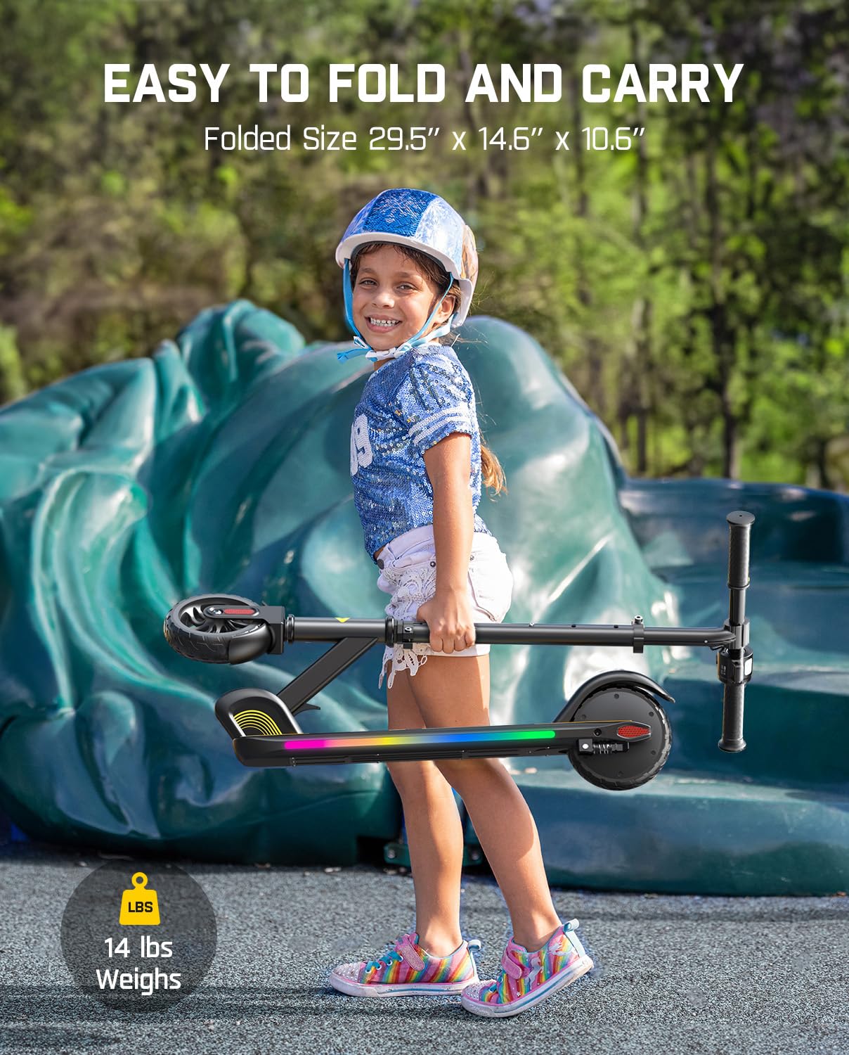 FanttikRide C9 Pro Kids Electric Scooter Ages 8-12, Colorful Rainbow Lights, E-Scooter for Kids 3.9-5.2 ft, 132 lbs, 5 Miles Range, Up to 40 min Ride Time, 5/8/10 MPH, 3 Adjustable Heights, Black
