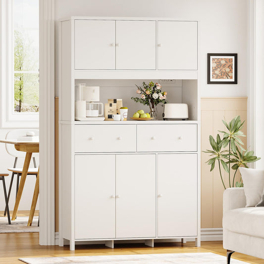 Garvee 71" H Pantry Cabinet with Charging Station, Tall Kitchen Pantry Storage Cabinet with Countertop, Modern Kitchen Hutch with Storage Drawers for Living Room, Dining Room, White