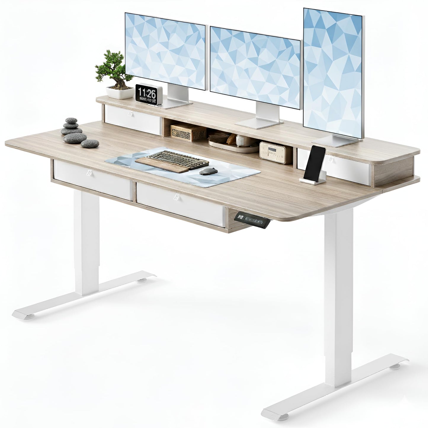 CubiCubi 60" x 30" Standing Desk with Drawers, Height Adjustable Electric Workstation, Computer Sit Stand Up Table with Large Storage Shelf 4 Drawers and 2 Hooks, Light Rustic Brown