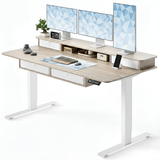 CubiCubi 60" x 30" Standing Desk with Drawers, Height Adjustable Electric Workstation, Computer Sit Stand Up Table with Large Storage Shelf 4 Drawers and 2 Hooks, Light Rustic Brown
