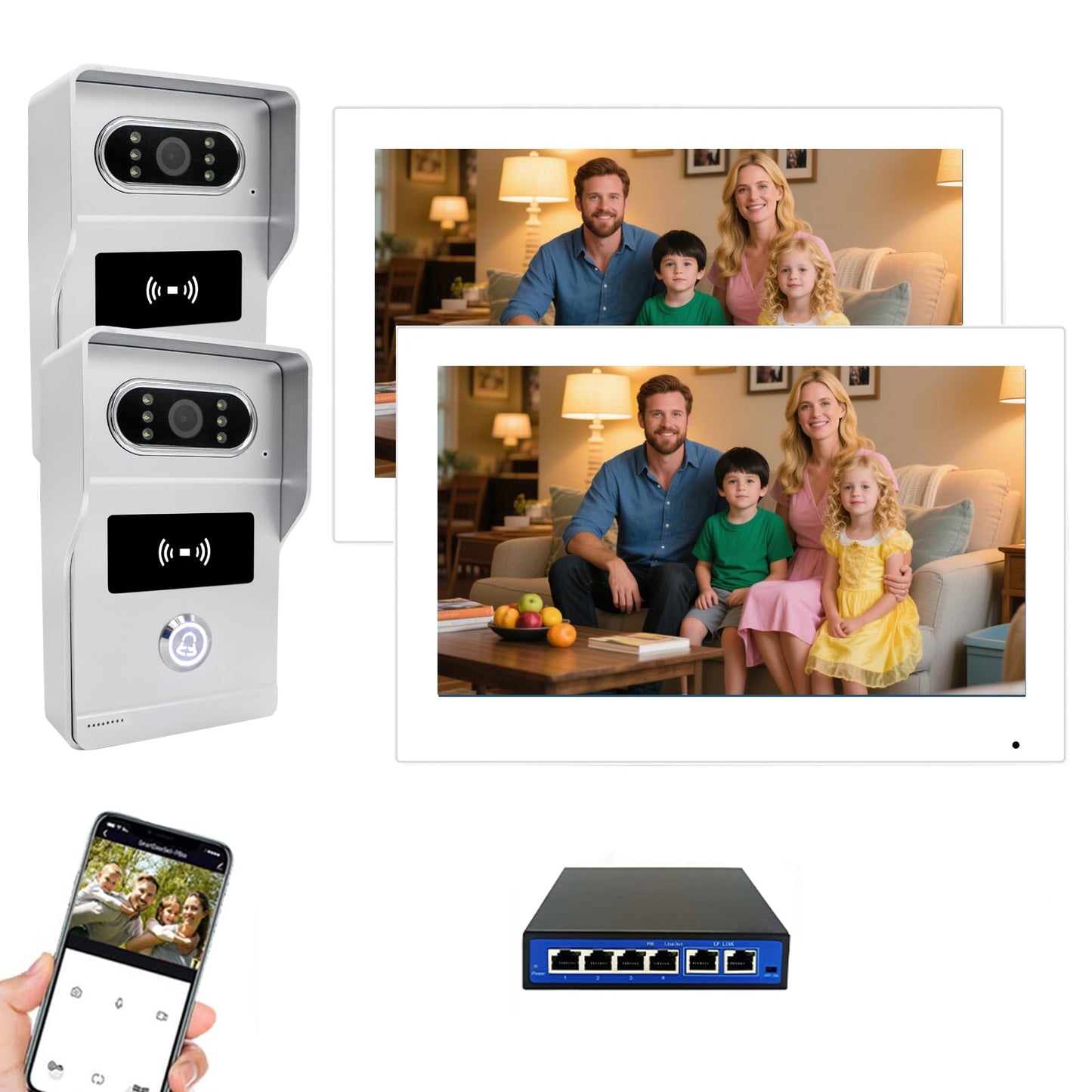 Wired IP Video Apartment Intercom System,1080P Camera and 7 inch Touch Monitor,Video Door Phone Kit Two-Way Audio Motion Detected with POE for Home,Tuya (2 Doorbell + 2 Monitor + 1 POE)