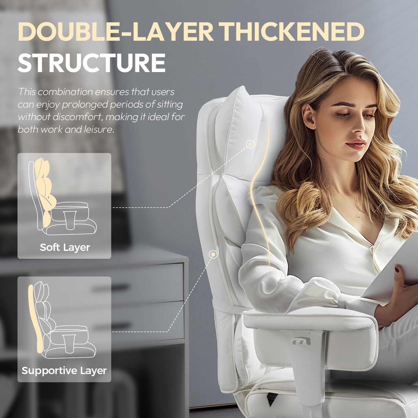 Dowinx Big and Tall Office Chair with Pocket Spring Cushion,High Back Computer Gaming Chairs with Adjustable Armrests and Lumbar Support,Executive Desk Chairs with Footrest(PU,White)