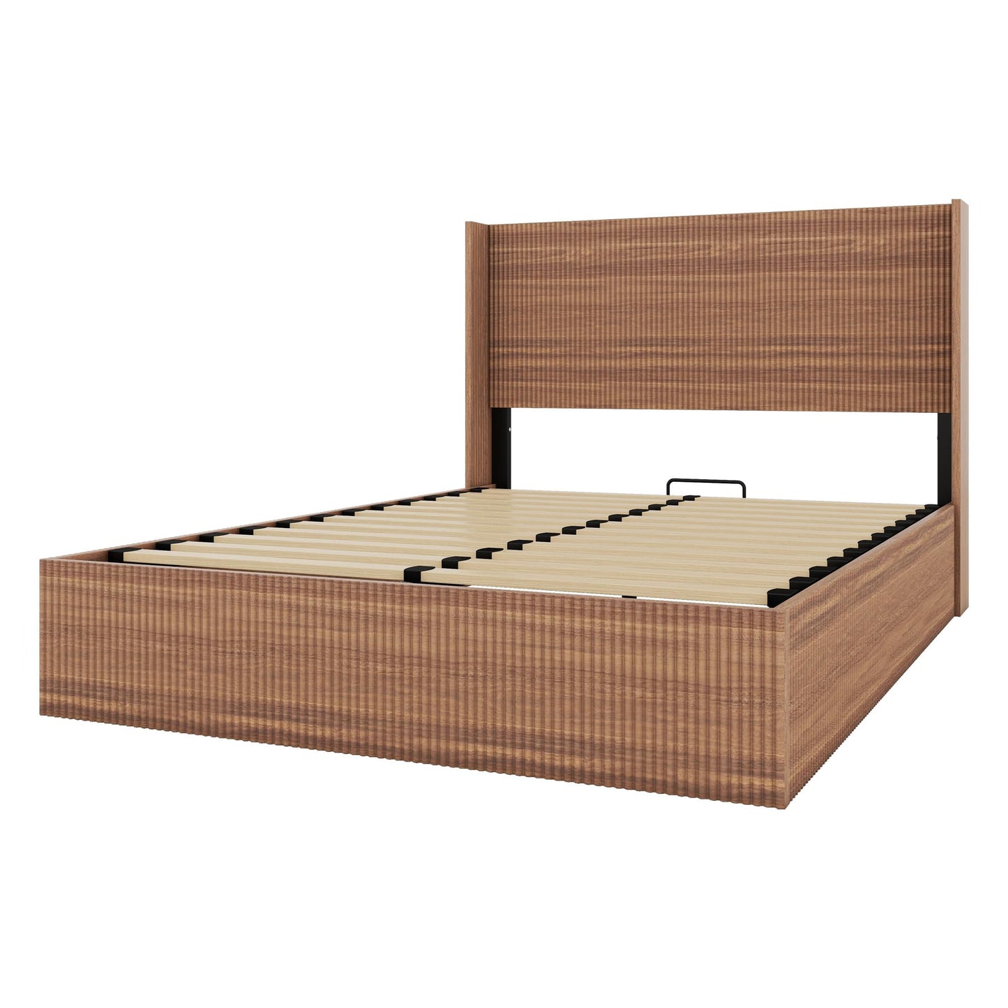 Ball & Cast Queen Size Lift Up Storage Bed Frame with Wingback Headboard,Wooden Grooved Undulating Platform Bed Frame Queen with Hydraulic Storage,No Box Spring Needed,Rustic Brown