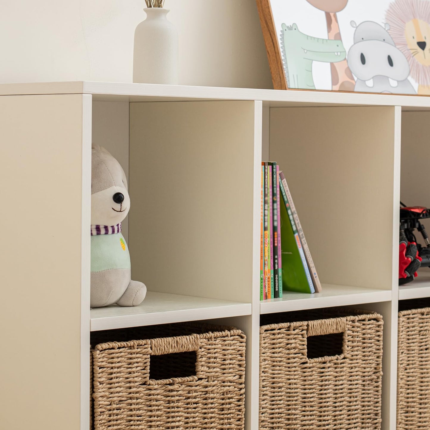 Wood 8-Compartment Storage Cabinet 8-Cube Storage Cabinet Organizer Wooden Cubby Bookshelf White 2 tier Open Cabinet Qquare Cubby Shelf for Home Office Living Room (8-Cube, 11 in Shelf Opening)