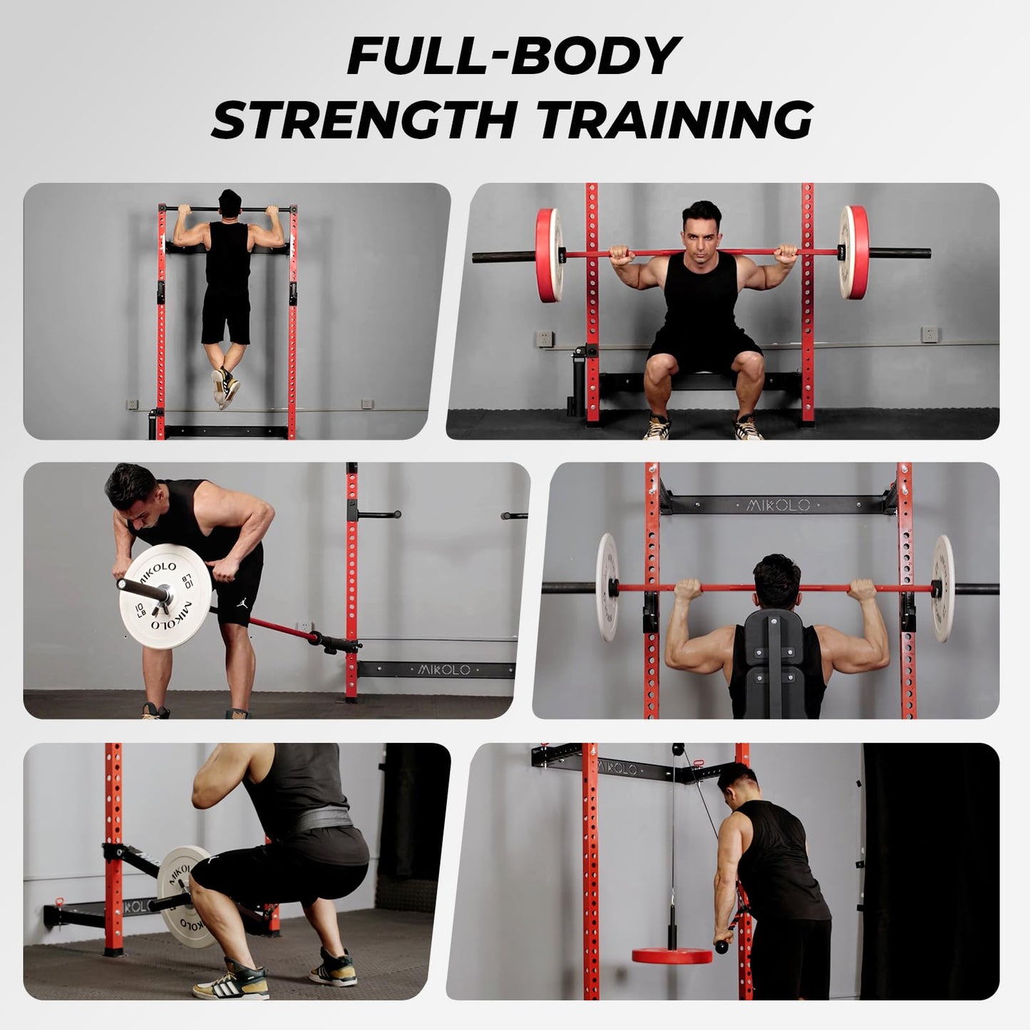 Mikolo 2" x 2" Folding Wall Mounted Squat Rack, 1000 Pounds Capacity Power Rack with Safety Catches, Pull Up Bar, J Hooks and Landmine Attachment, Space-Saving Home Gym(Red
