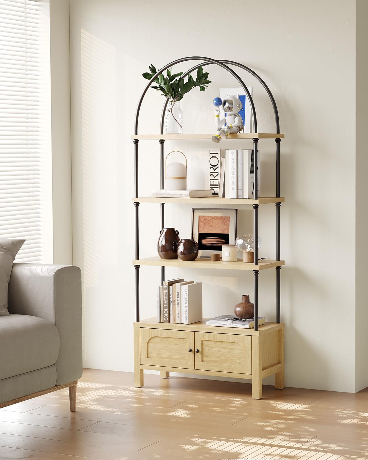 GOUUN Arched Bookshelf with Door 71 Inches Tall Arch Bookcase Oak Book Shelf with Storage Cabinet Heavy-Duty Shelving Board Aesthetic Display Shelving Unit for Living Room/Office