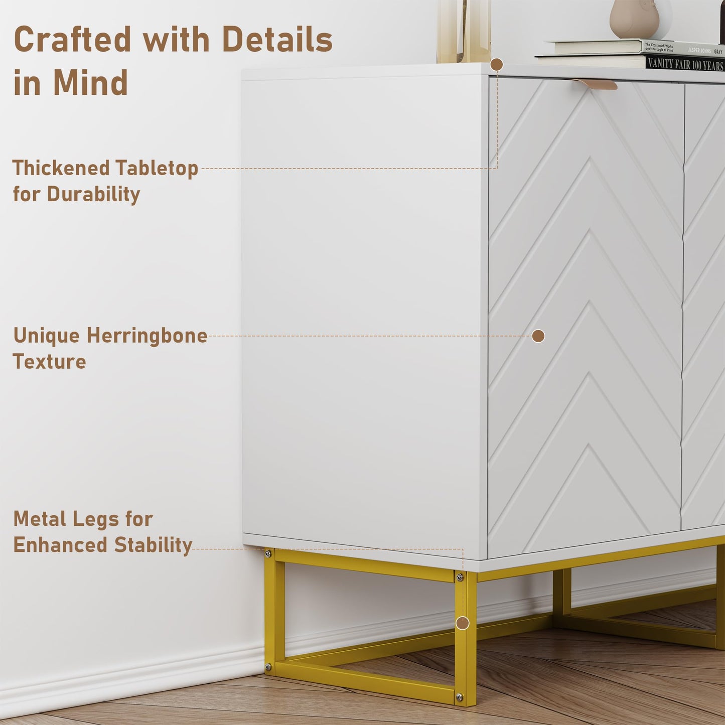 Garvee 47 in Modern Sideboard Buffet Cabinet with Storage, Wood Accent Storage Cabinet with Herringbone Doors & Shelf, Credenza Console Table for Dining Room Living Room Entryway, White