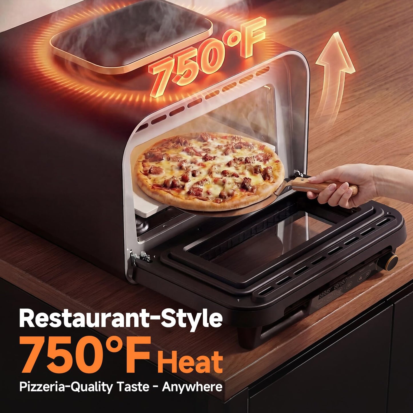 KINGWISE Convection Pizza Oven Electric, IPX4 Waterproof Countertop Air Fryer Oven, Fits 13-Inch Pizza, Heats up to 750℉, 6 Cooking Functions and 5 Pizza Presets, Pizza Stone & Pizza Peel Included