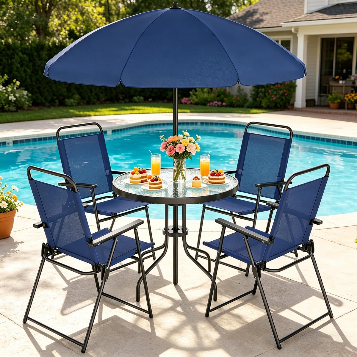 Shintenchi 6 Piece Outdoor Patio Furniture Set, Small Outdoor Patio Dining Table and Chairs Set, Outdoor Seating with Umbrella for Backyard, Balcony, Front Porch, Dark Blue