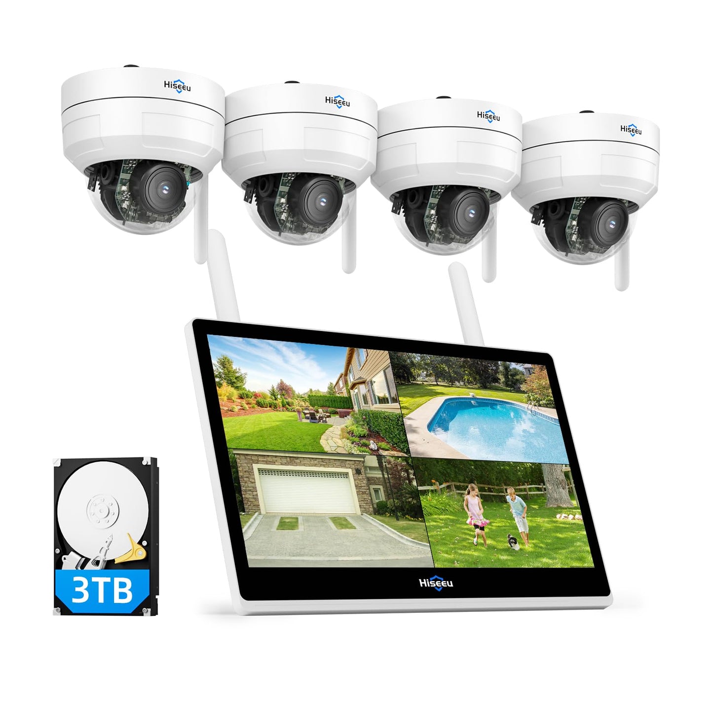Hiseeu Wireless Security Camera System, 3TB Storage 16CH NVR with 14" LCD Monitor, 4PCS 5MP PTZ Dome Cameras, Auto Tracking, Explosion-Proof Outdoor WiFi Surveillance System