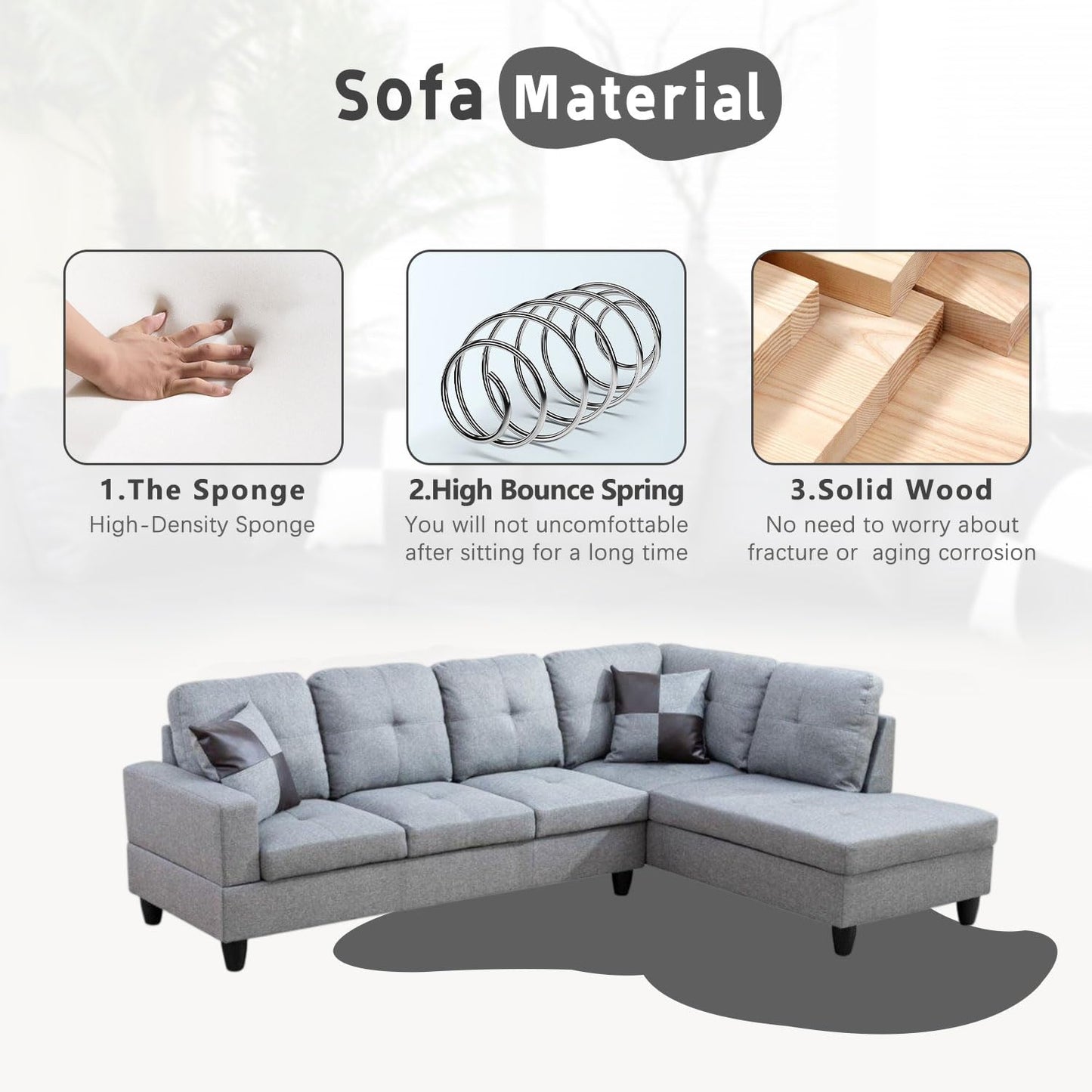 UOCFYK L-Shaped 3-Piece Linen Sofa with Storage Ottoman Set, Sectional Couch Sofa Set for Living Room, Office, Small Space, Grey