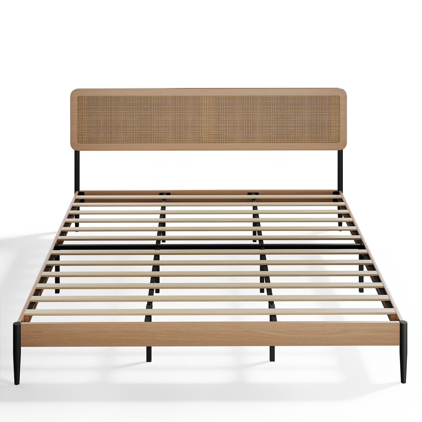 Rattan King Bed Frame with Headboard, Boho King Platform Beds, Natural Woven Rattan Headboard, Heavy Duty Slat Support Platform, No Box Spring Needed, Under Bed Storage, Noise Free, Easy Assembly