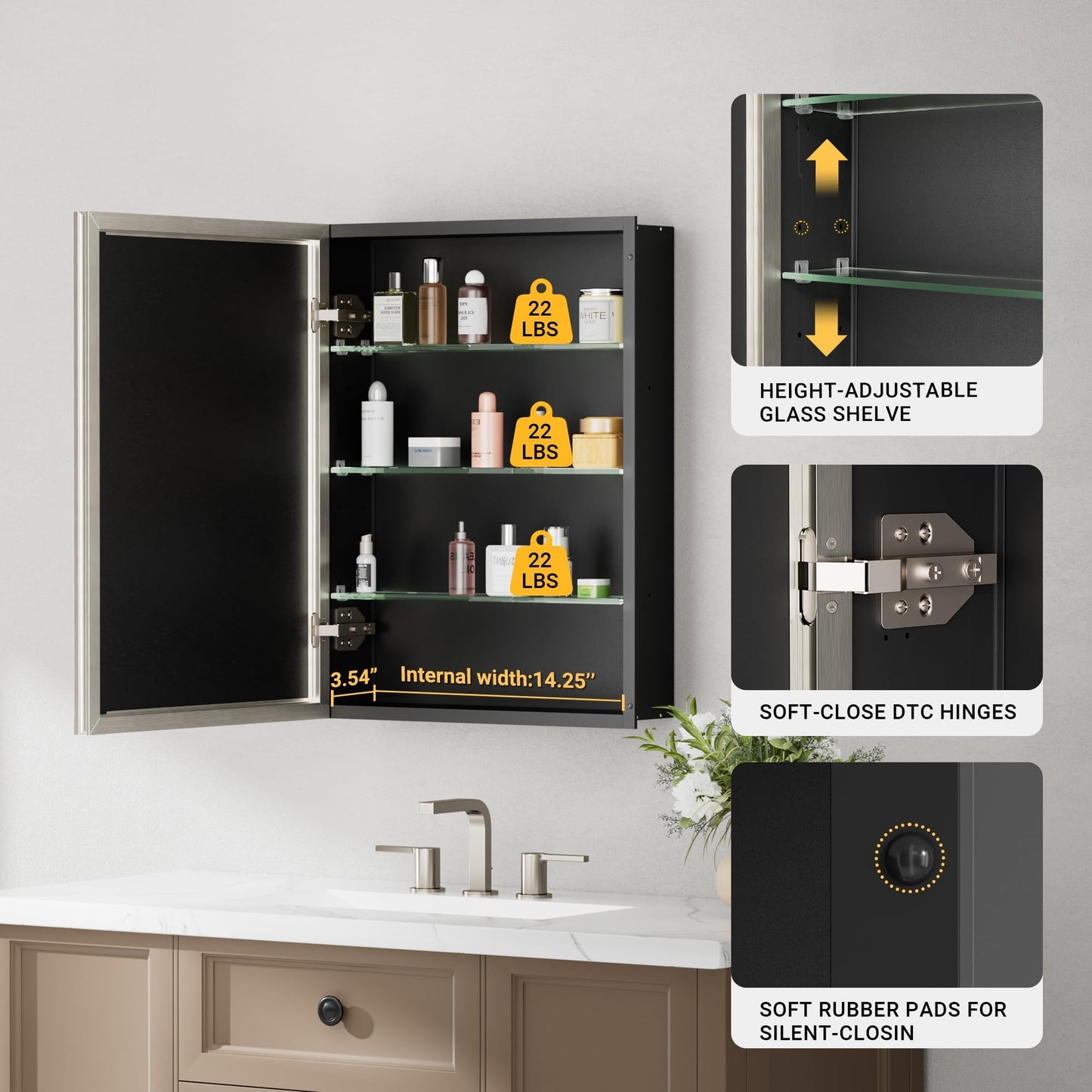 QueenFun 16x26 Pre-Assembled Bathroom Medicine Cabinet Mirror, Surface or Recessed Brushed Nickel Medicine Cabinet with Mirror & Rustproof Aluminum Frame, Beveled Bathroom Vanity Mirror with Storage