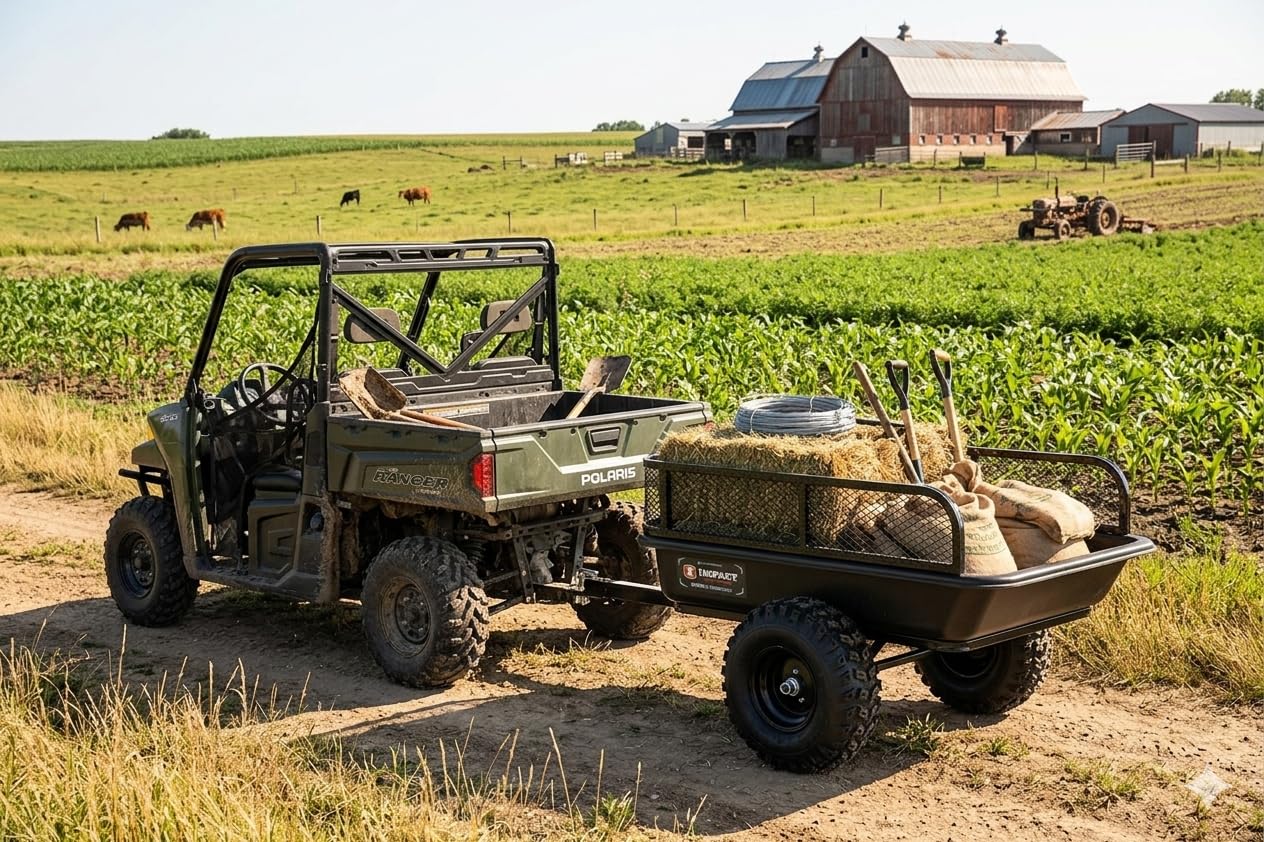 IMPACT IMPLEMENTS® 1500lb Poly Tub Agricultural Trailer from USA Outdoors Company. Includes Optional 2" Coupler, 18" x 8" Tires, and Pivoting Feature.