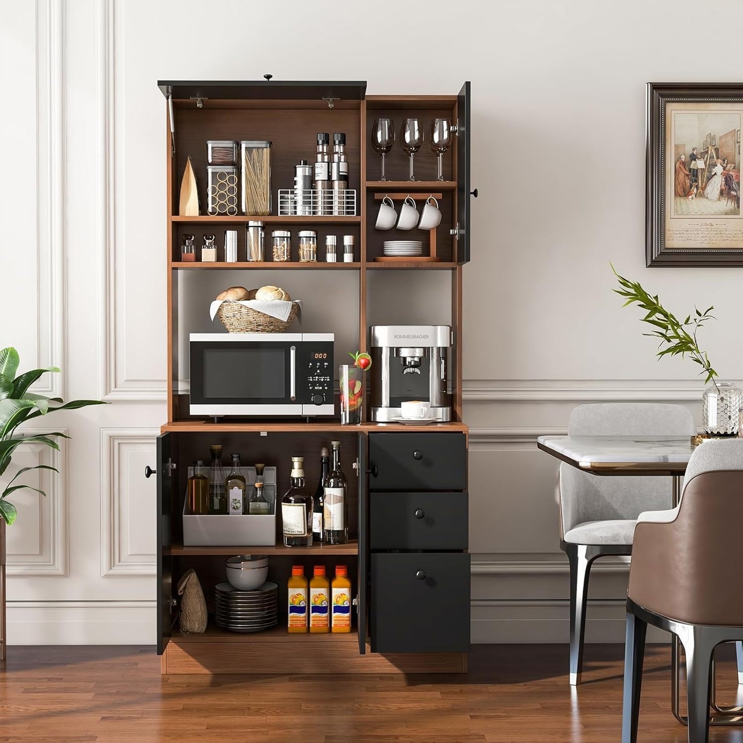 Nightcore Kitchen Pantry Storage Cabinet, 71" Freestanding Pantry with 3 Deep Drawers, Adjustable Shelves, Kitchen Hutch with Microwave Countertop for Dining Room, Living Room (Walnut & Black)