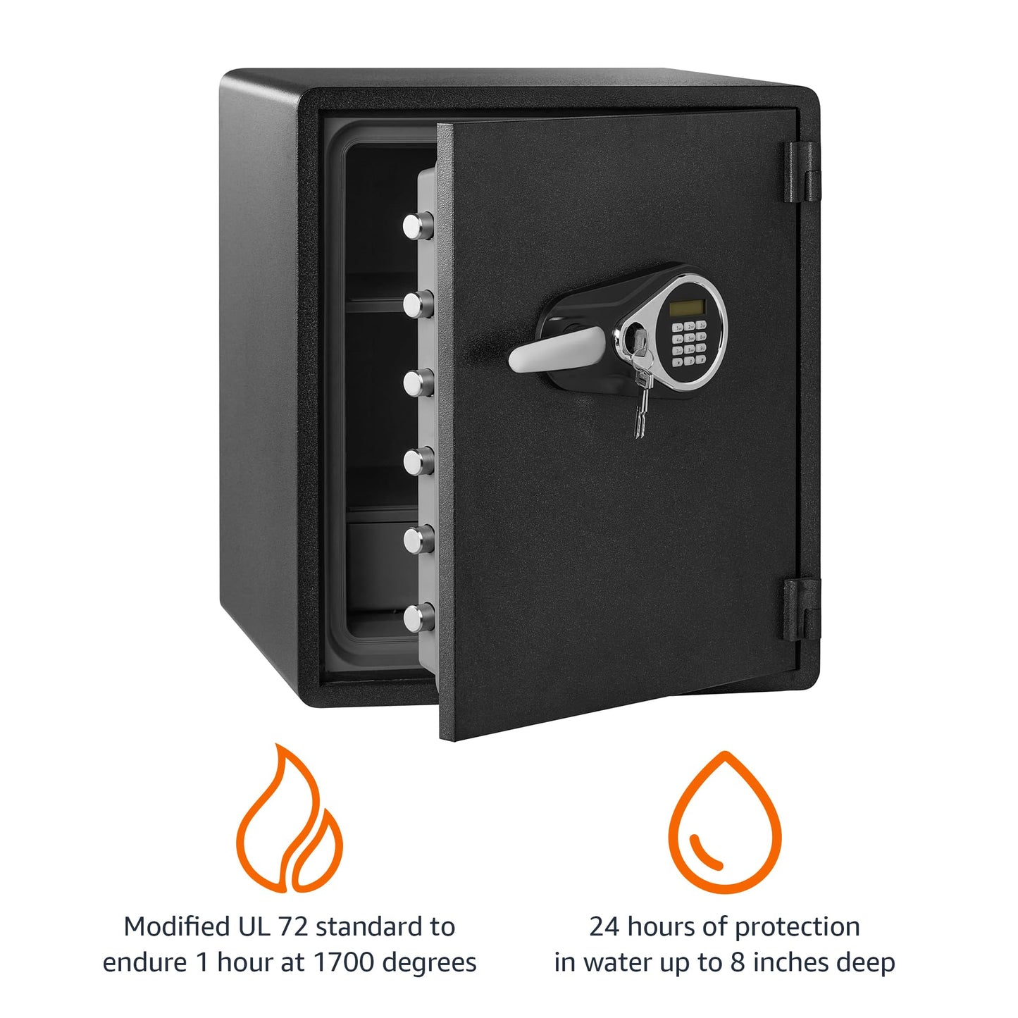 Amazon Basics Fireproof and Waterproof Safe Box with Digital Keypad Electronic Lock, Fire Resistant, Interior Lighting, Removable Shelf, for Home Use, 2.13 Cubic Feet, 24"H x 20.87"W x 19"D, Black