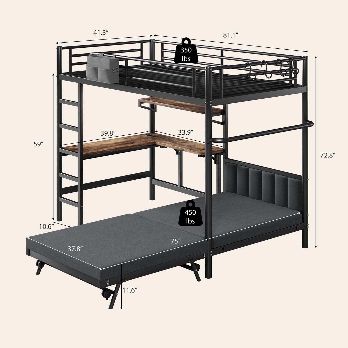 Twin Loft Bed with Pull-Out Folding Bed and Desk, Heavy Duty Metal Bunk Bed Frame with Mattress, Dual-Access Bed, Charging Station, 2-Tier Adjustable Shelves, Safety Guard Rail & Ladder (Dark Black)
