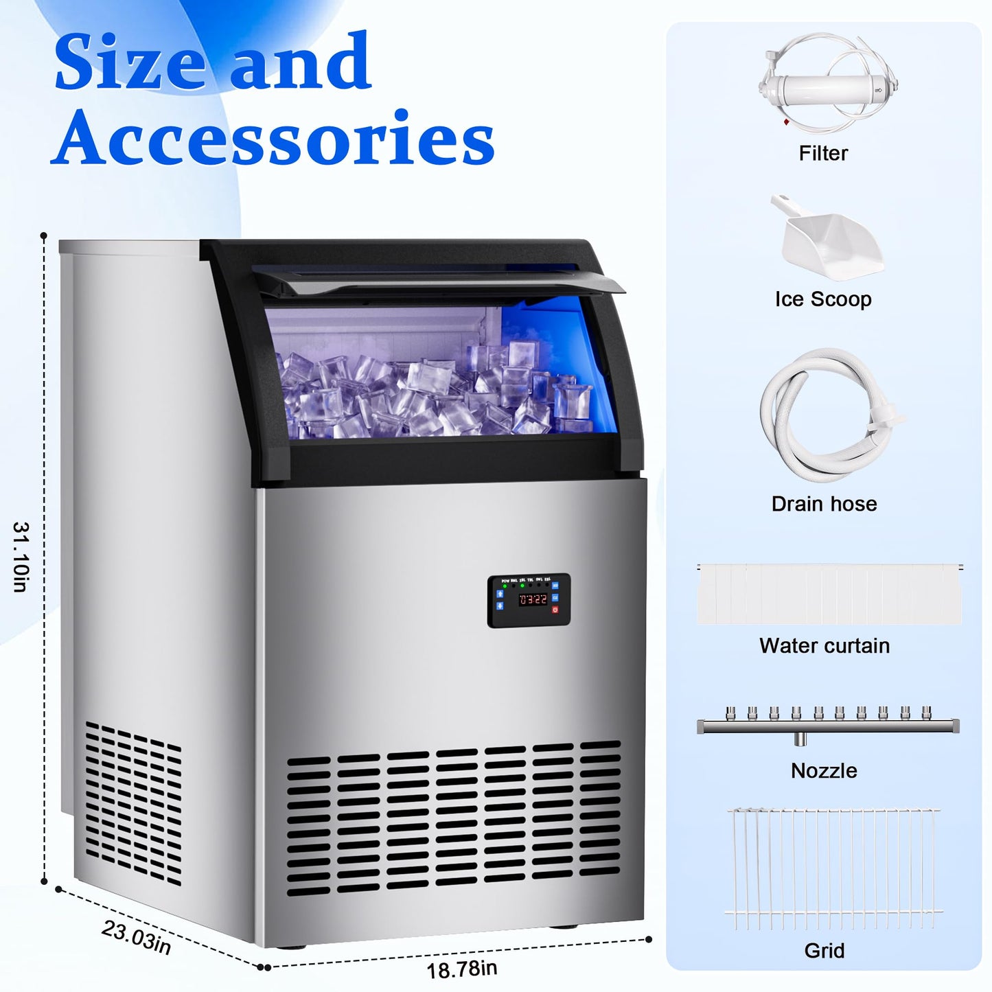 Commercial Ice Maker Machine 200lbs/24H,Stainless Steel Spray Drench Ice Maker 60lbs Storage,50pcs Hat Cubes Per Cycle,Freestanding Gourmet Ice Maker Self-Cleaning for Office, Restaurant, and Bar