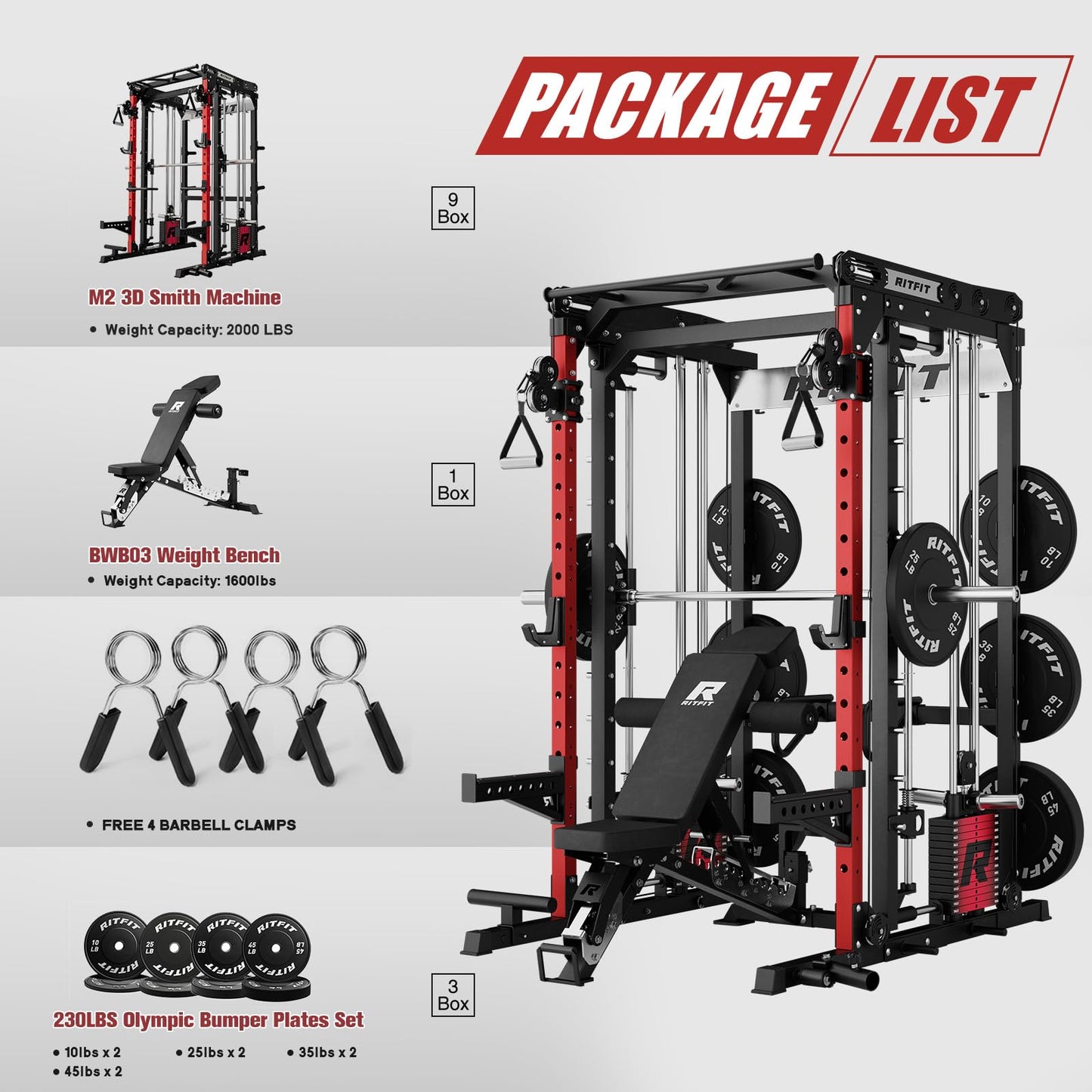 RitFit M2 Smith Machine with Cable Crossover System, 3D Functional Trainer & Power Cage, 16 Adjustment Holes, 6 Storage Pegs for Full-Body Home Gym(M2 PRO-3D Red with BP230)