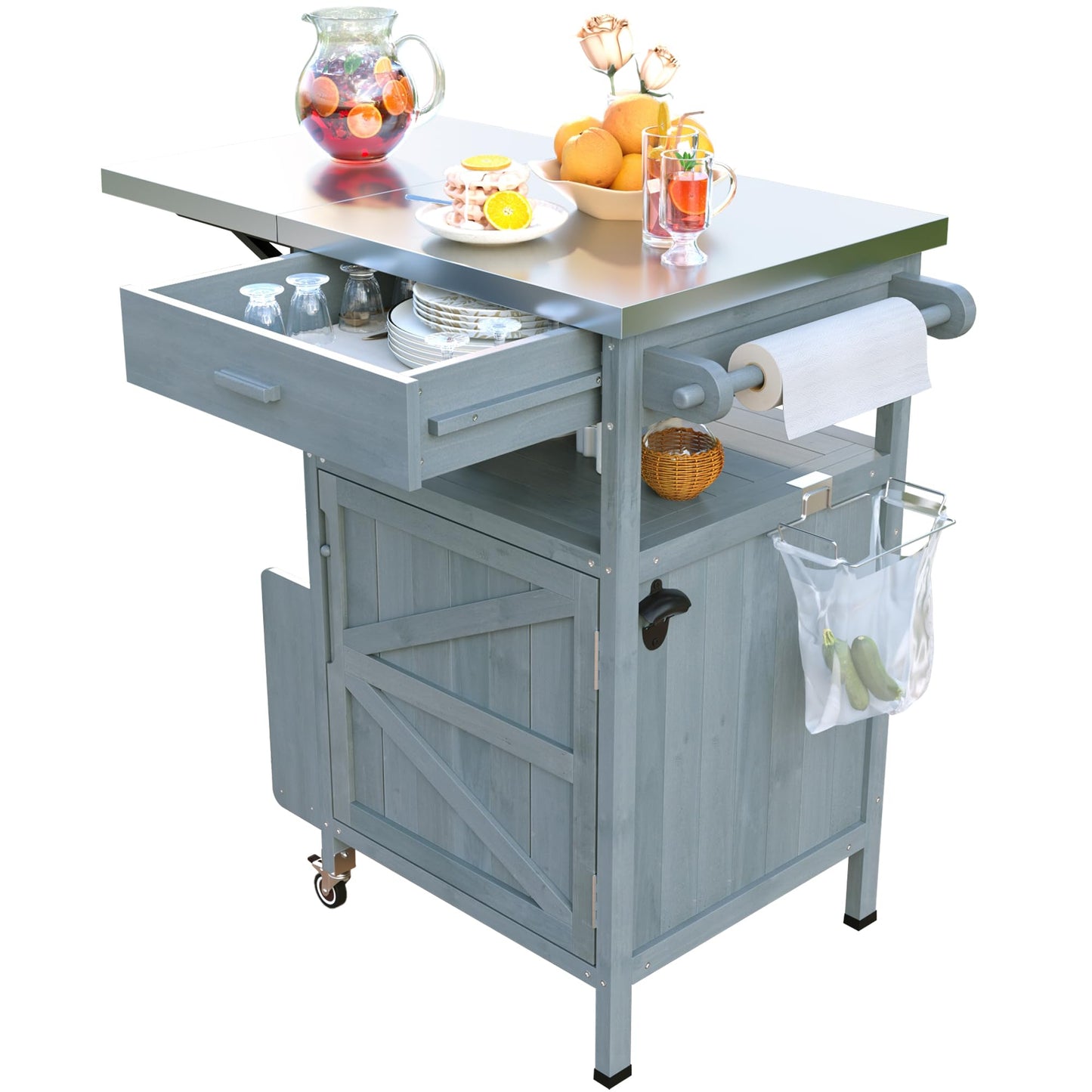 Merax Outdoor Grill Cart with Storage, Patio Kitchen Island Outdoor Grill Table with Lockable Wheels, BBQ Cart Movable Pizza Oven Table Stand with Foldable Tabletop, Blue+Grey
