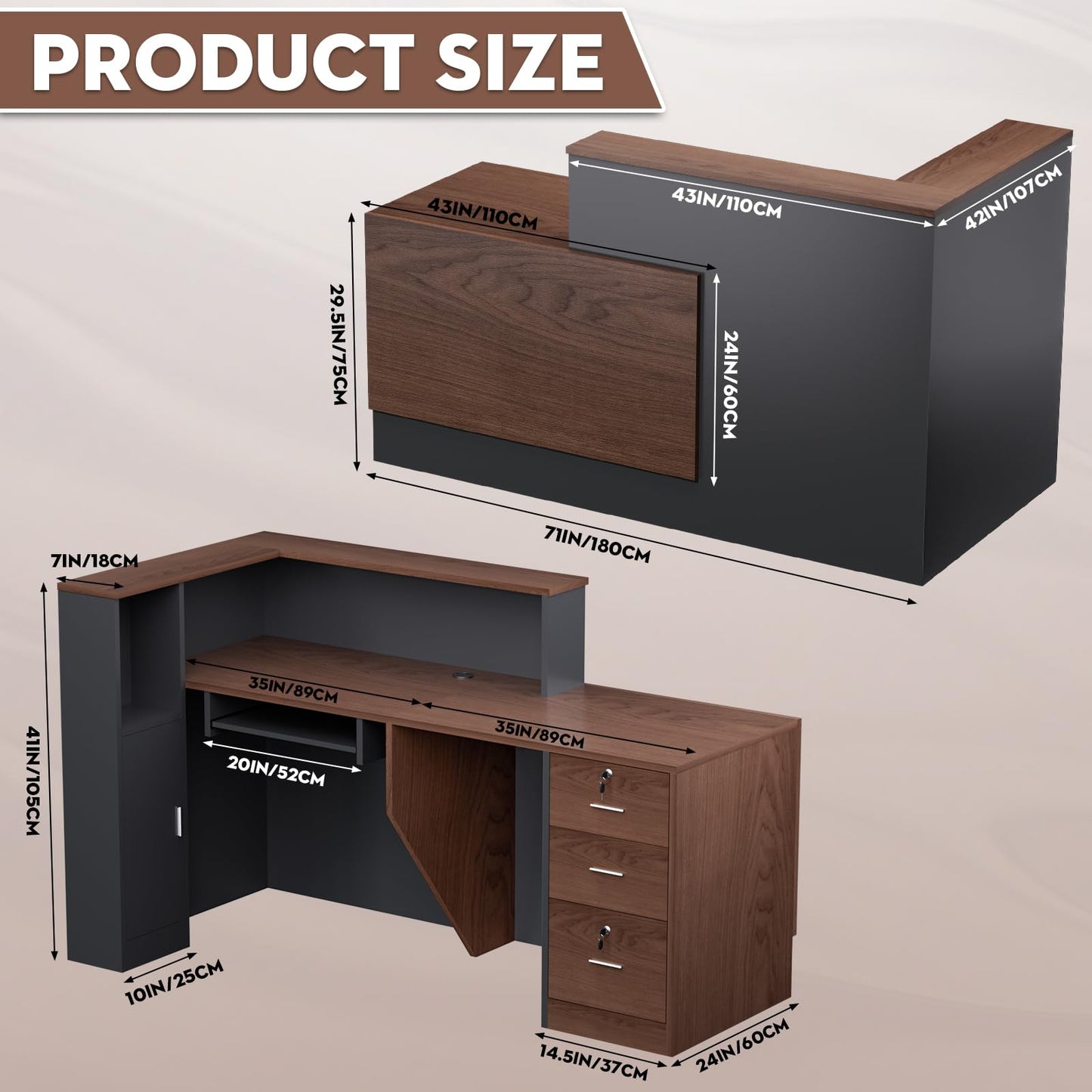 L-Shaped Modern Large Wooden Commercial Reception Desk with Counter & Shelves, Front Reception Desk Counter Table with Drawers for Offices,Home (Brown + Black, Left- 71''L x 42''W x 41''H)