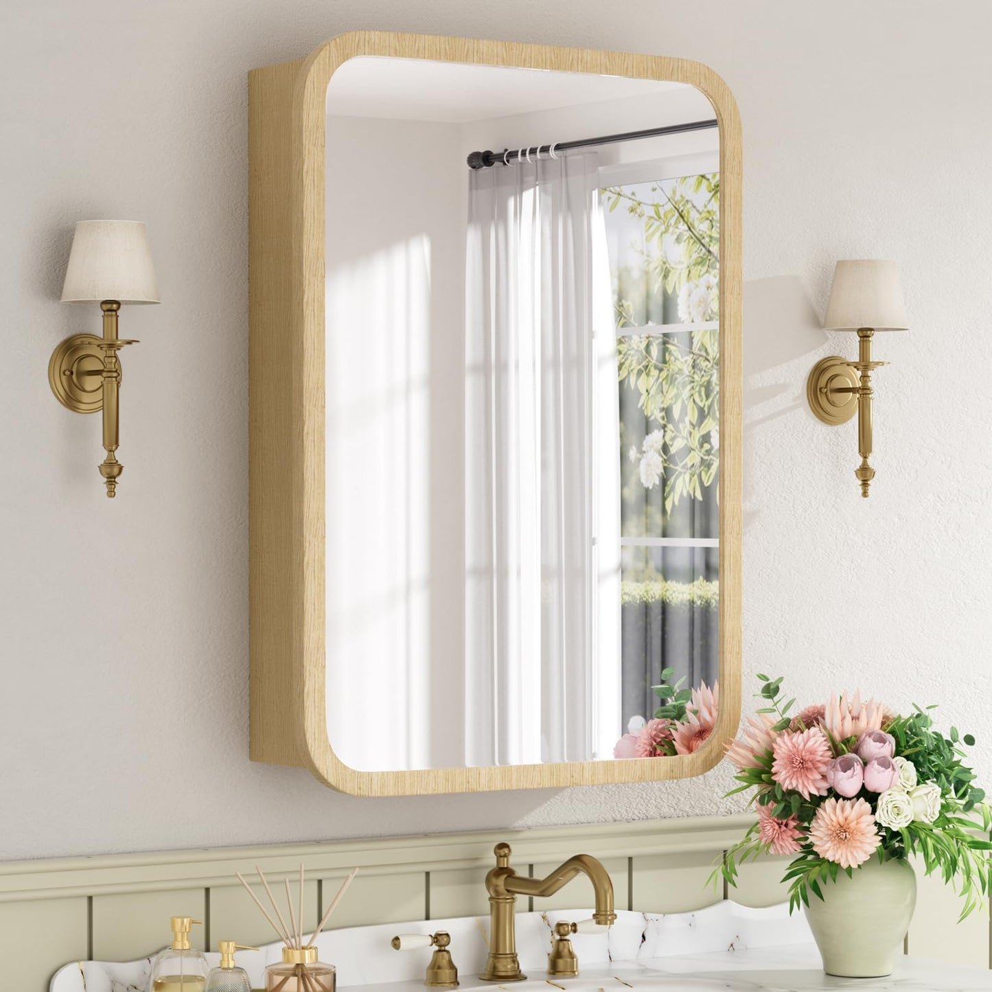 Keazile 20x28 Inch Wood Medicine Cabinet with Mirror, Surface or Recessed Mount Bathroom Mirror Cabinet, Adjustable Glass Shelves, Soft-Close Door, Rounded Corner, Fully Assembled, Oak