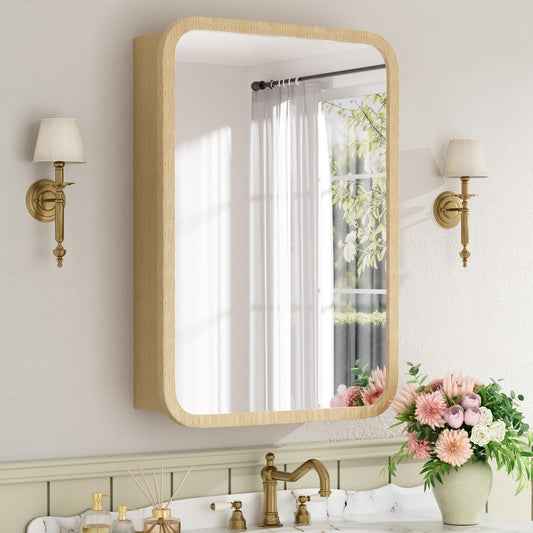 Keazile 20x28 Inch Wood Medicine Cabinet with Mirror, Surface or Recessed Mount Bathroom Mirror Cabinet, Adjustable Glass Shelves, Soft-Close Door, Rounded Corner, Fully Assembled, Oak