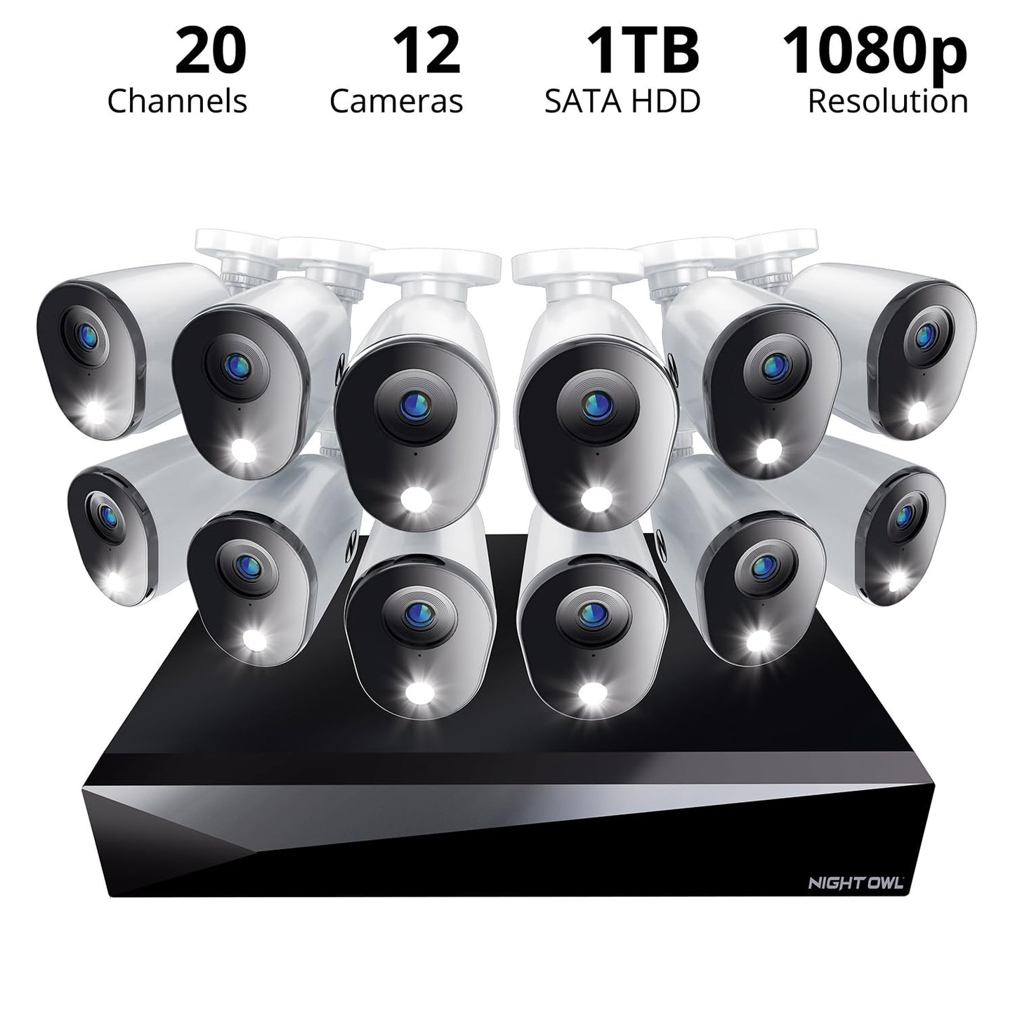 Night Owl 2-Way Audio 20 Channel DVR Video Home Security Camera System with (12) Wired 1080p HD Indoor/Outdoor Deterrence Cameras and 1TB Hard Drive (Add up to 4 Wi-Fi Cameras) (12 Camera)