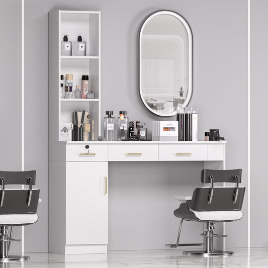 TOVRON Barber Salon Work Station for Hair Stylist Home Beauty Salon Equipment Barber Supplies Organizer Cabinet Barbershop Furniture,White