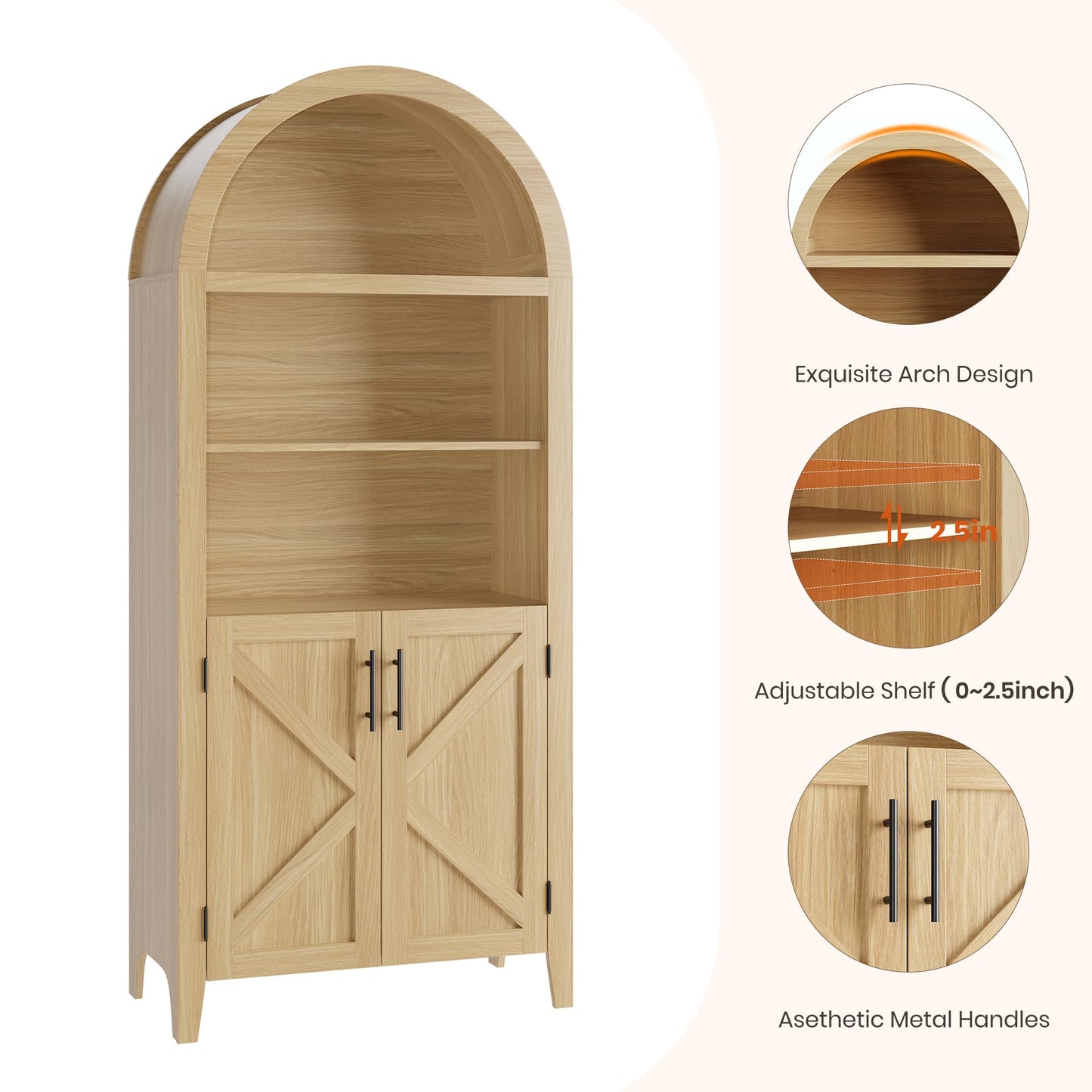 IDEALHOUSE Arched Kitchen Pantry Cabinet with Doors, 5-Tier Wooden Display Cabinet with Adjustable Shelf, Farmhouse Storage Organizer for Kitchen, Dining Room, Living Room, Home Office, Natural