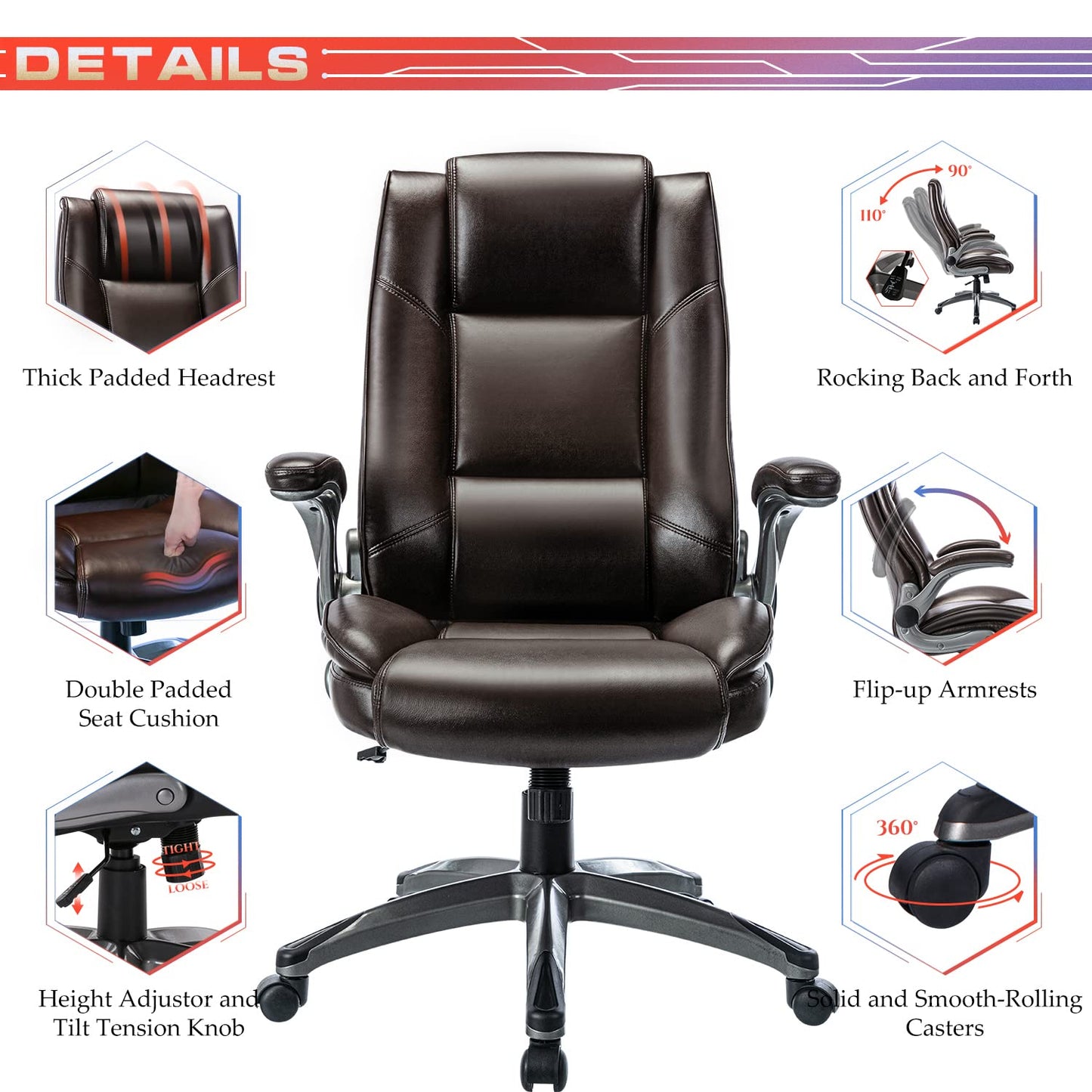 COLAMY Office Chair High Back Leather Executive Computer Desk Chair, Flip-up Arms and Adjustable Swivel Chair Thick Padding for Comfort and Ergonomic Design for Lumbar Support (Classic Black)