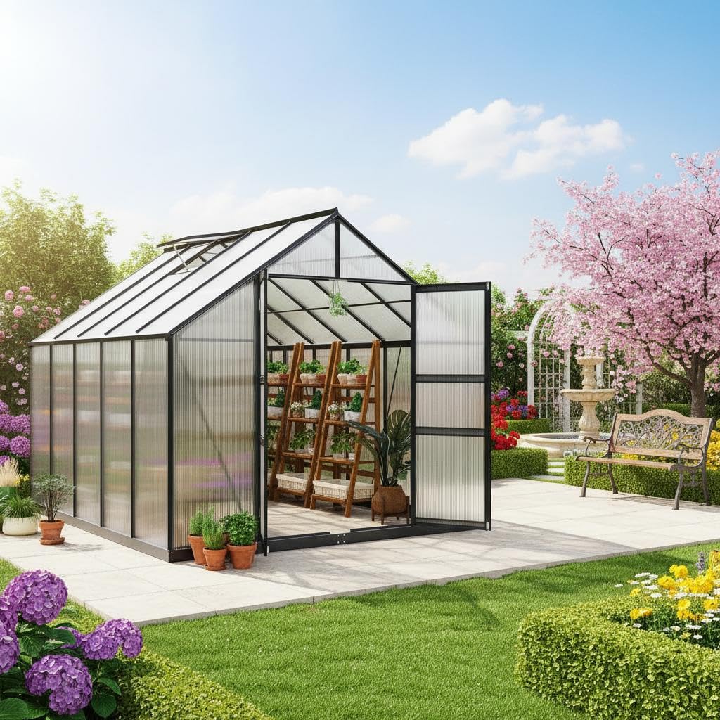 Garvee 8x12 FT Outdoor Greenhouse - Quick Setup Structure, Polycarbonate with Lockable Door, 2 Roof Vents, Aluminum Walk-in Heavy Duty, Perfect for Garden Backyard