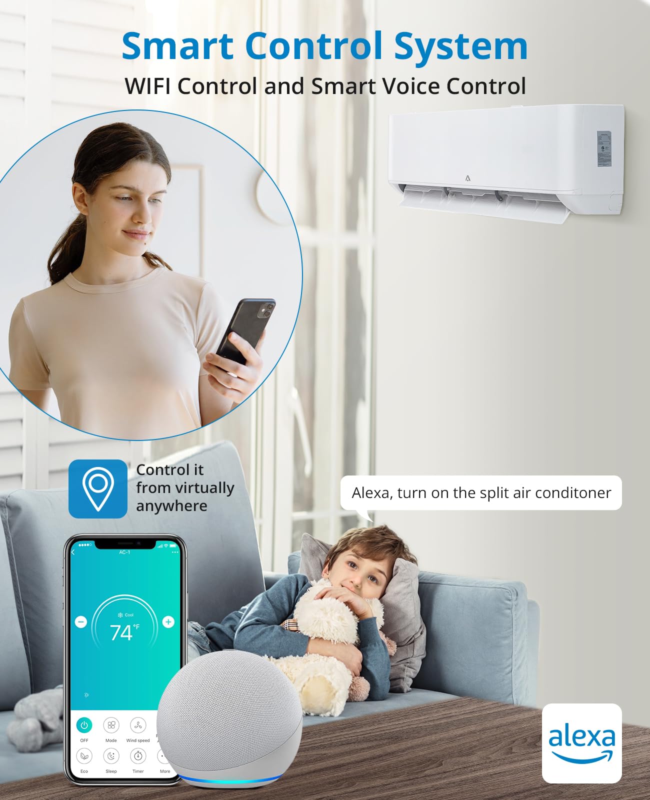 SXYCMY 18,000 BTU Split-System Air Conditioner Inverter, Split AC/Heating System 23 SEER, Cools Room Up to 1250 Sq. Ft, Wall Mount Ductless Mini Split A/C Heat Pump Full Set with 16ft Installation Kit