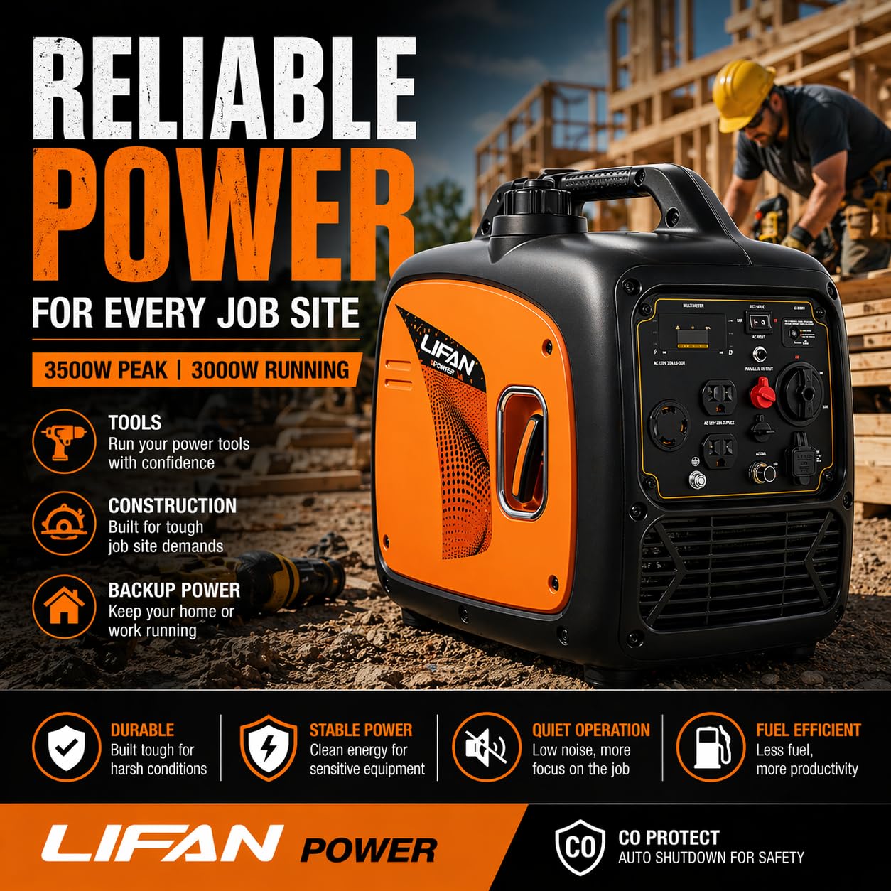 LIFAN 3500W Portable Inverter Generator for Home Backup, Super Quiet Gas Powered Generator for RV Camping Outdoor Use, ECO Mode, EPA Compliant, Parallel Ready with CO-MINDER Safety