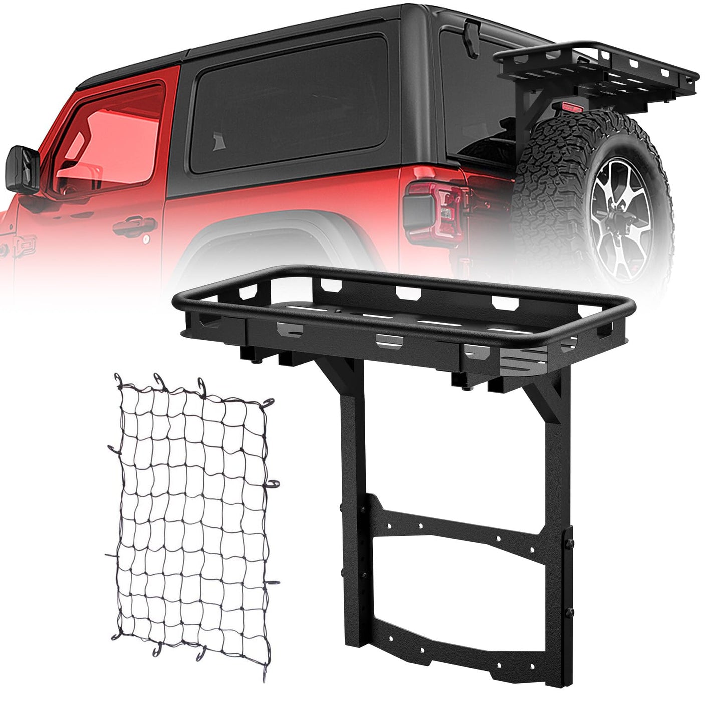 YZONA for Jeep Wrangler JL Rear Cargo Basket on OE Tailgate Compatible with 2018-2026 Jeep Wrangler JL & JLU Unlimited 2/4 Door, Spare Tire Cargo Rack, Luggage Storage Carrier (Bolt-On)