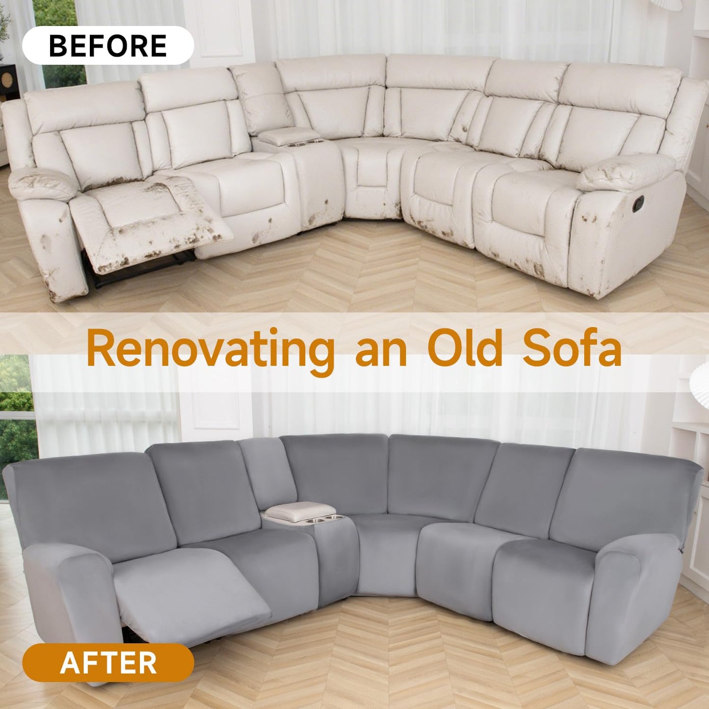 HDCAXKJ Reclining Sectional Couch Covers Velvet L Shaped Sectional Sofa Cover Washable Stretch Soft Corner Recliner Slipcover with Non-Slip Elastic Bottom (5 Seat and 2 Middle Console, Light Gray)