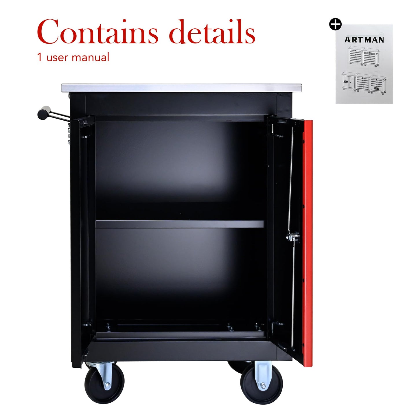 KEIKI Double Door Tool Cart with Storage Shelf, Rolling Metal Tool Cabinet with Lockable Wheels, Multi-Function Garage Workshop Tool Organizer (Black&Red)