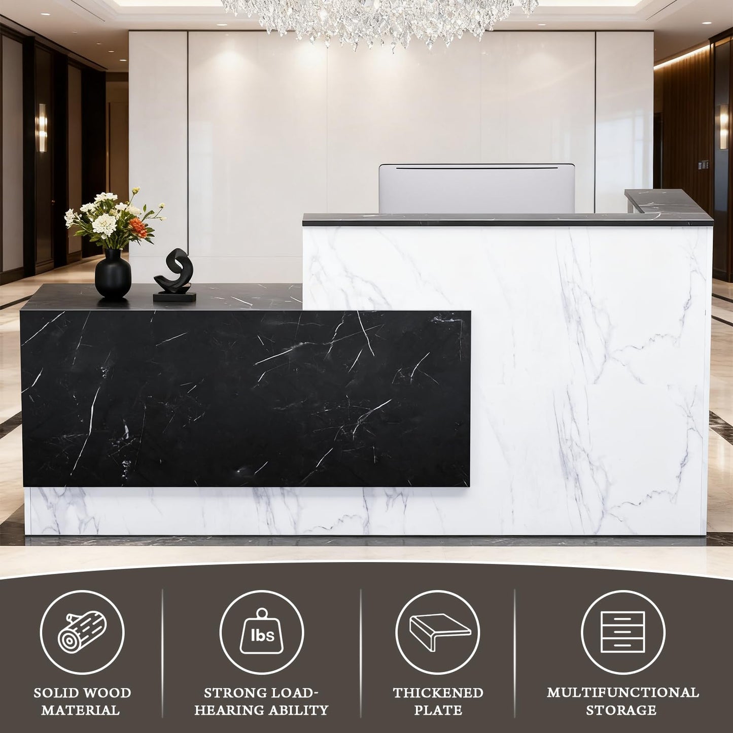 Exsunnyfit Reception Desk with Lockable Drawers, L-Shaped Large Wooden Modern Front Desk Reception Counter with Storage & Keyboard Tray, for Checkout/Lobby/Barber (Black/White Left, 71" L*42W*41H)