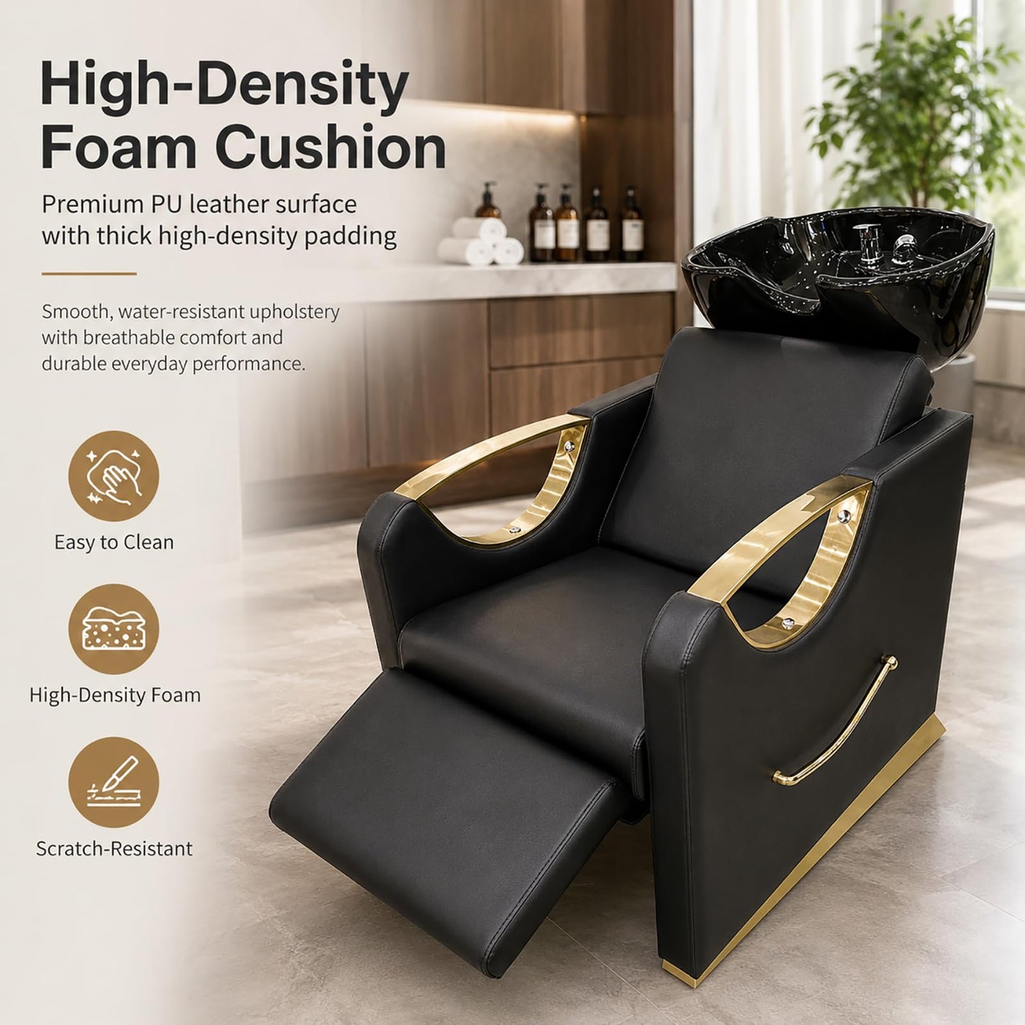 Shampoo Bowl and Chair Set, Adjustable Ceramic Backwash Unit with PU Leather Chair and Stainless Steel Armrests for Barber Shop