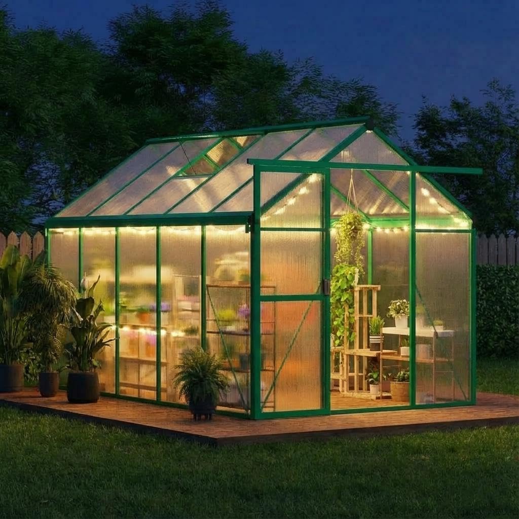 6x10 FT Greenhouse, Outdoor Sliding Door, Polycarbonate Greenhouse with Aluminum Frame, Lockable Door and Ajustable Roof Vent for Backyard, Outside Garden Backyard, Patio, Green