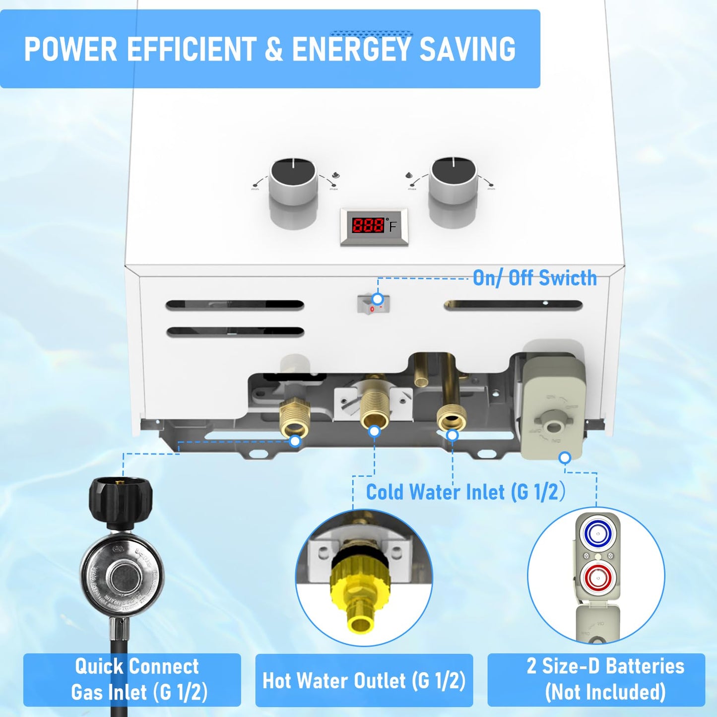 Water Heater Tankless, VANSTON Propane Water Heater Outdoor, 2.64GPM Portable Water Heaters, Instant Hot Water Heaters, Overheat Protection, Easy Installation & Lightweight for RV, Camping, 10L