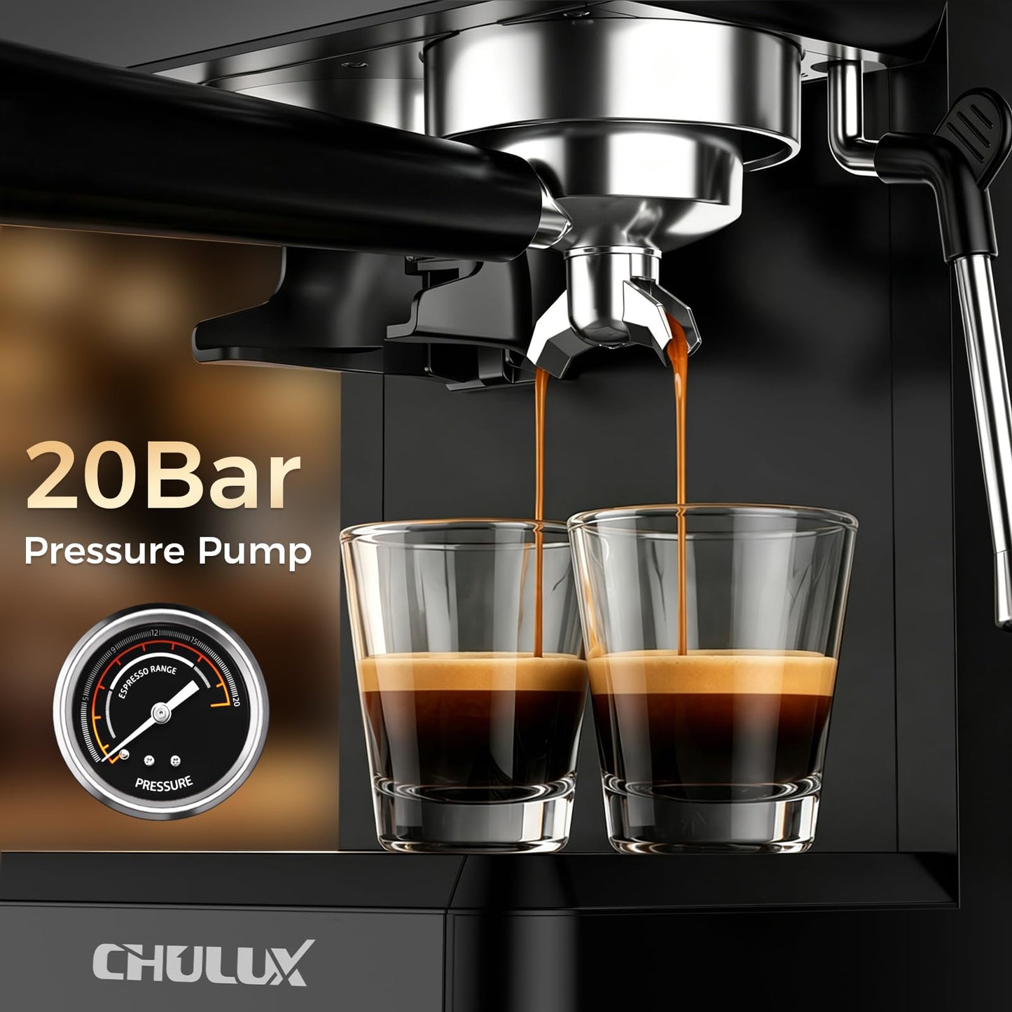 CHULUX Nero Espresso Machine with Built-in Conical Burr Grinder, 4-in-1 20 Bar Espresso Coffee Maker for Cappuccino, Latte, Hot & Iced Espresso and Hot Water, Mystic Black