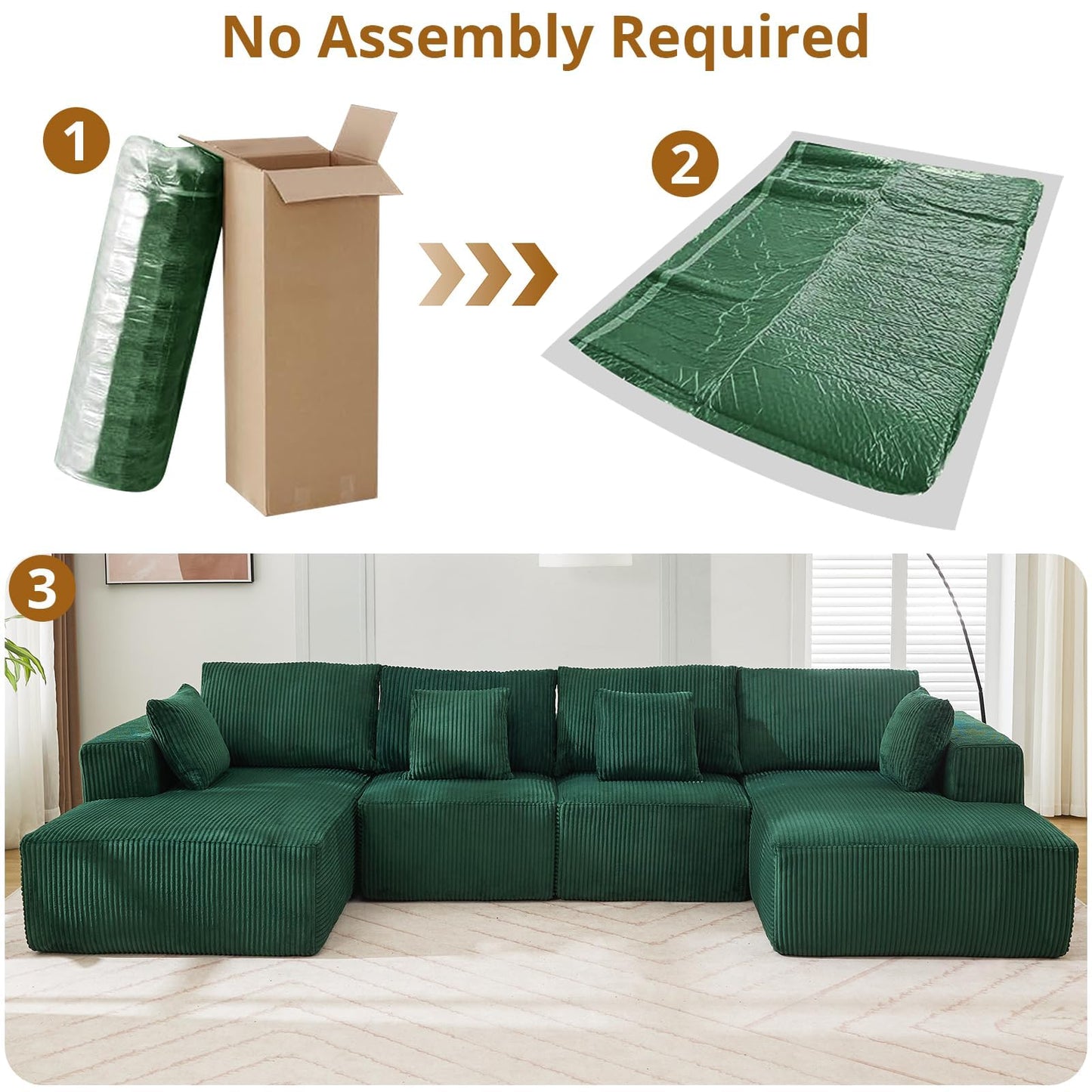 137" Modular Sectional Sofa, U-Shape Cloud Couch with Chaise, Deep Seat, Armrests and Plush Corduroy Fabric, No Assembly Required, Boneless Compression Sectional Couch for Living Room, Green