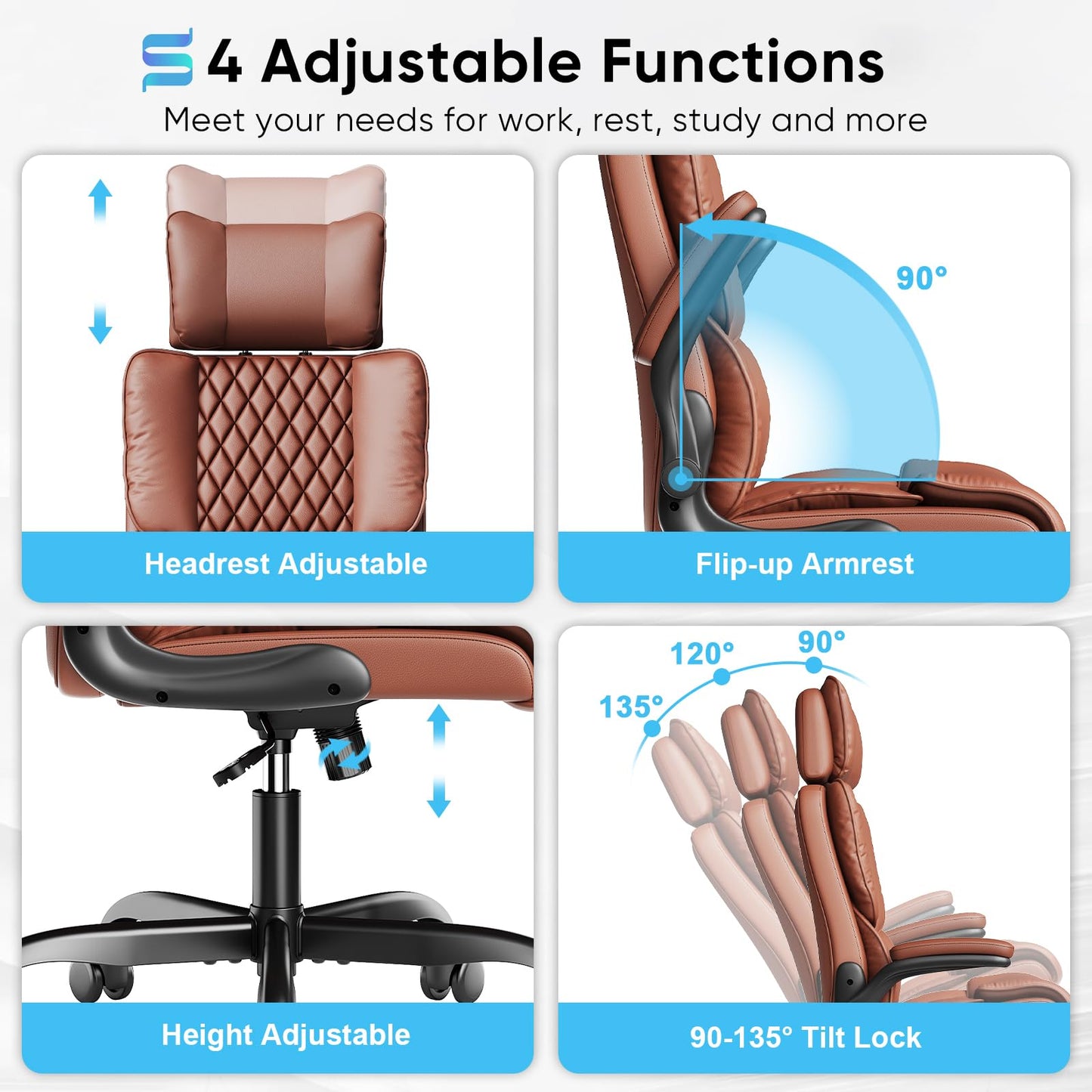 Sytas Ergonomic Office Chair with Adjustable Headrest, Executive Leather Desk Chair with Upgraded Lumbar Support for Lower Back Pain Relief, Thickened Backrest Computer Chair for Home Office, Brown