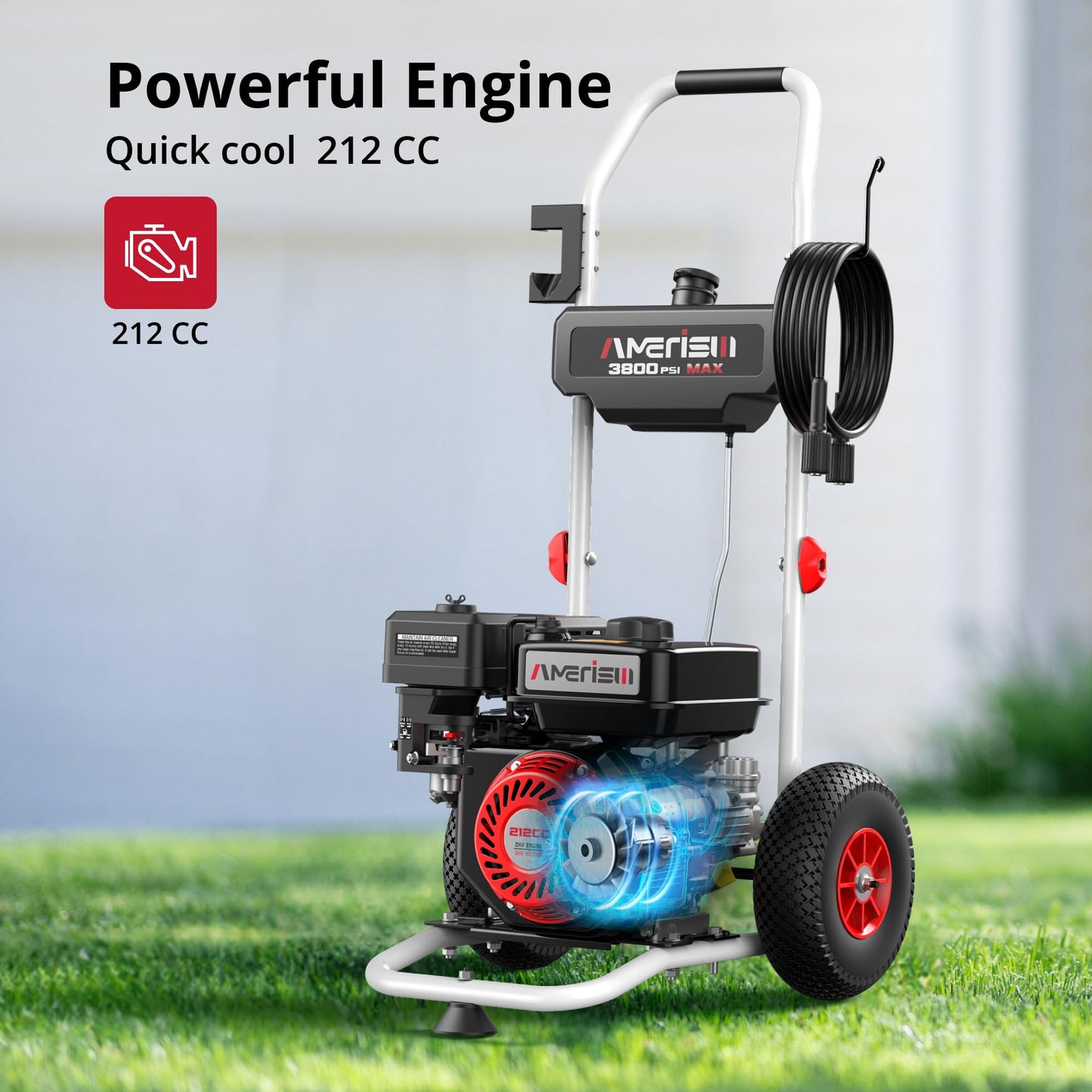 AMERISUN Gas Pressure Washer 3800 PSI 2.5 GPM, Gas Powered Pressure Washer 212CC 4-Stroke OHV Engine, 10" Wheels 5 Nozzle Set for Cars Fences Driveways Patios Furniture Home