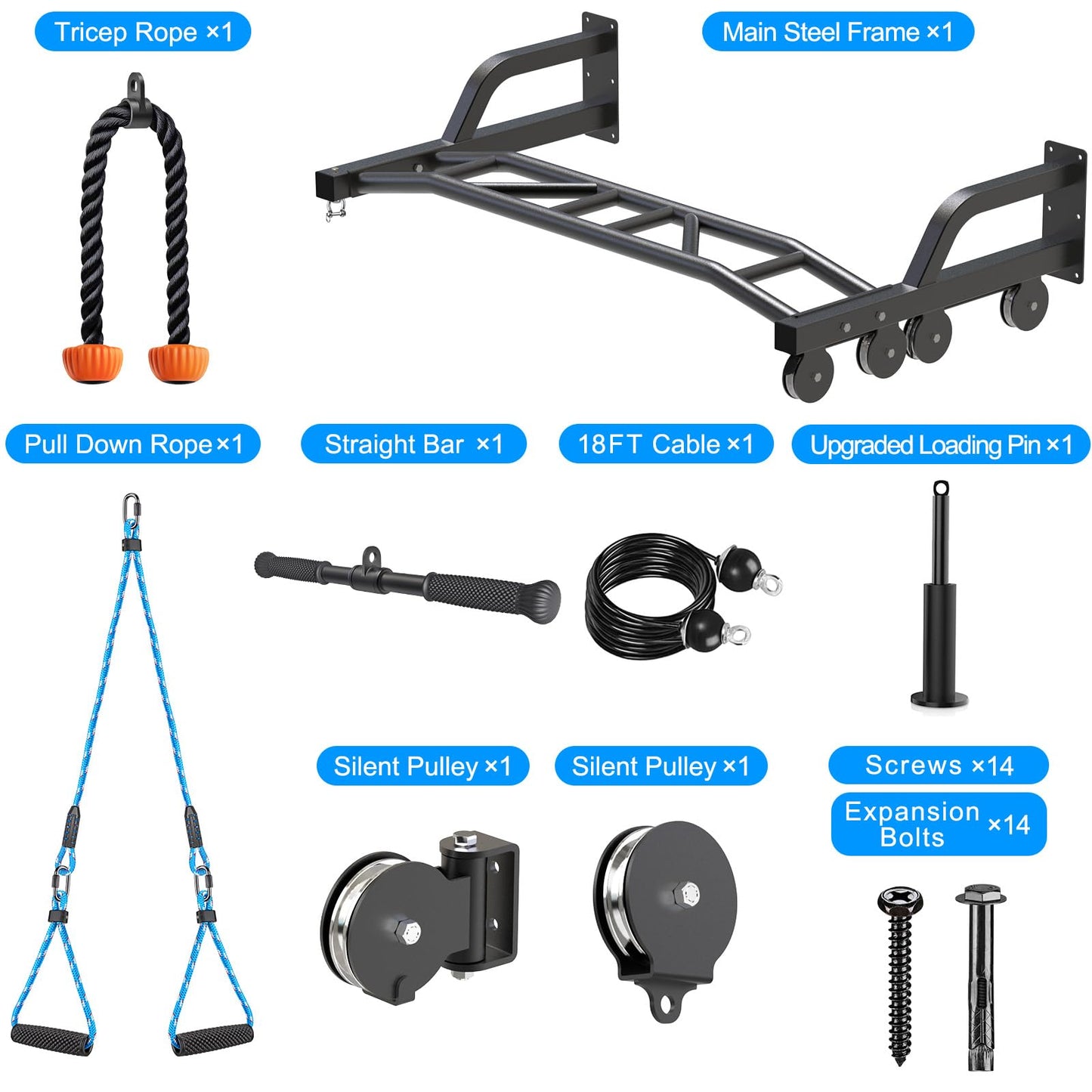 SELEWARE 48'' Heavy Duty Pull Up Bar Wall Mount Multi-function Chin up Bar with Home Gym Cable Pulley System LAT Pulldown Workout Attachments Heavy Bag Hanger