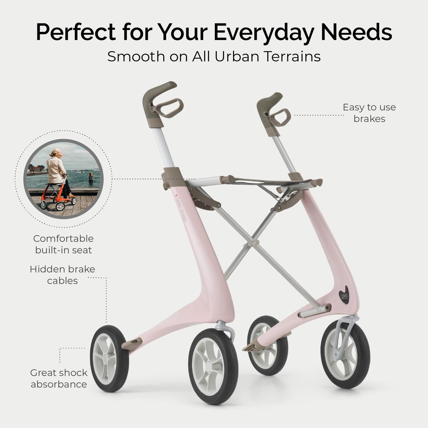 byACRE Carbon Ultralight Rollator Walker - World's Lightest Carbon Rollator - Only 10.6 lbs | Indoor and Outdoor Use | Foldable with seat and Easy to Travel with (Pale Rose, Wide Track)