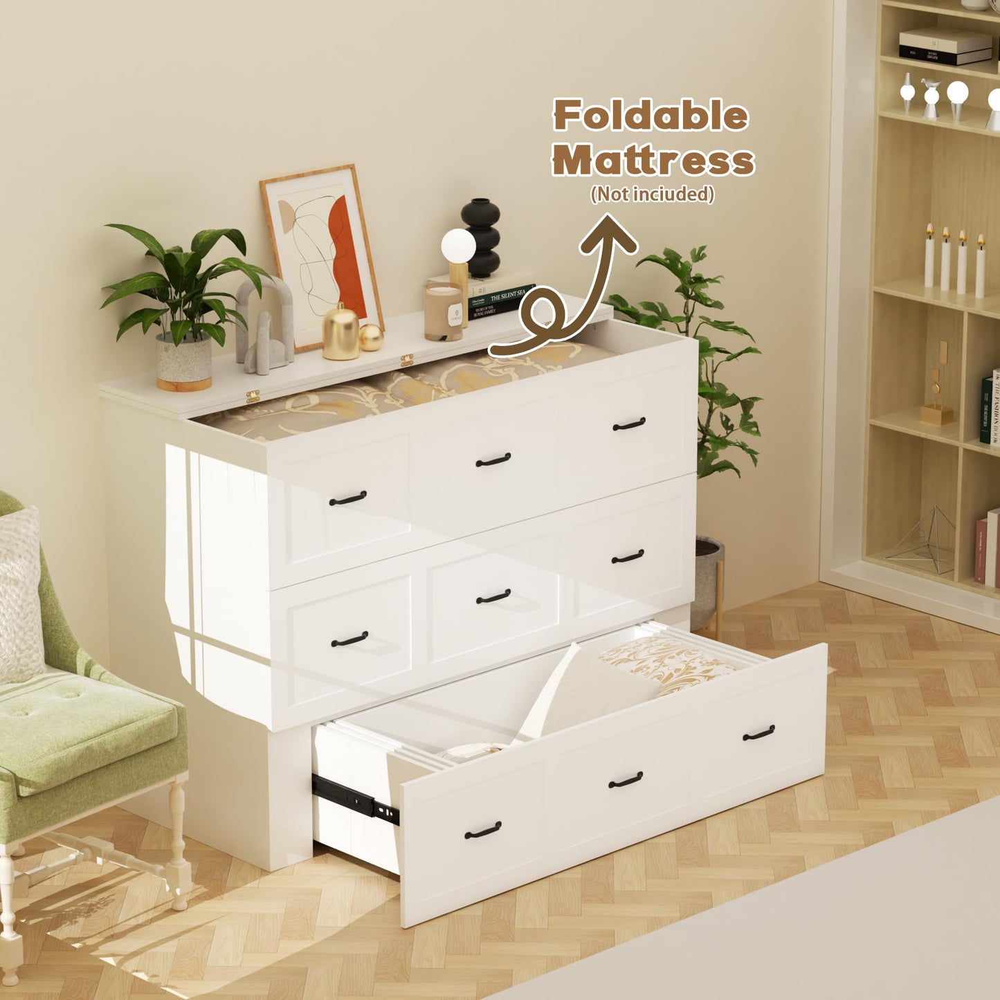Full Size Murphy Bed Wood Wall Bed Cabinet with Large Drawer Space-Saving Hidden Foldable Platform Bed Chest Mobile Cabinet Bed Frame Storage Cabinet with USB Ports for Bedroom, Guest Room White