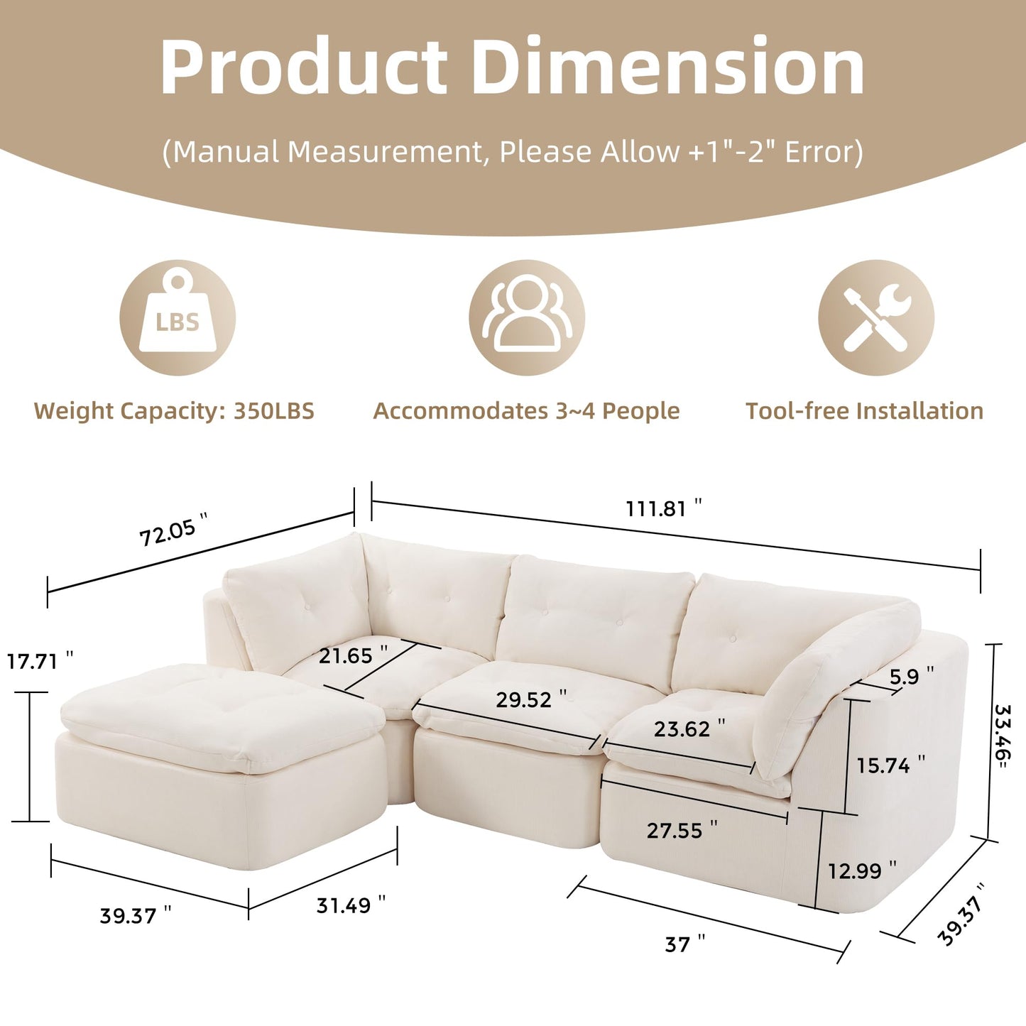 Tufted Cushions Cloud Sectional Boneless Sectional Sofa with Movable Ottoman, 112" Oversized Modular Convertible L Shaped Corner Couch with Deep Seat,Memory Foam Compressed Sofa